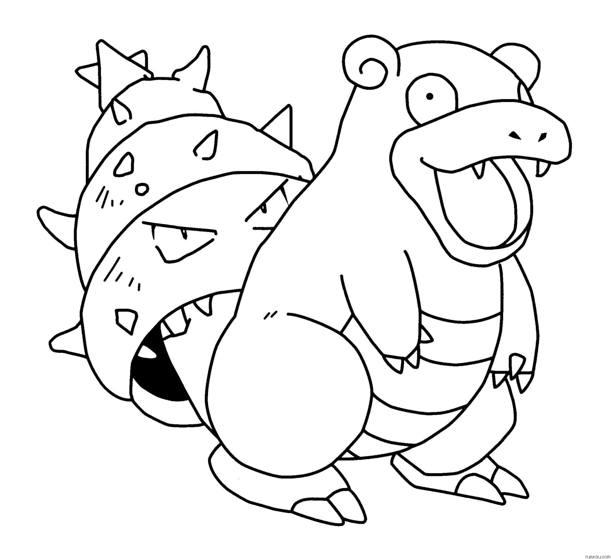 Pokemon Coloring 桌布 壁紙 — 兩個卡通風格的寶可夢角色，一個有刺且生氣，另一個微笑張嘴，黑白線條藝術。
