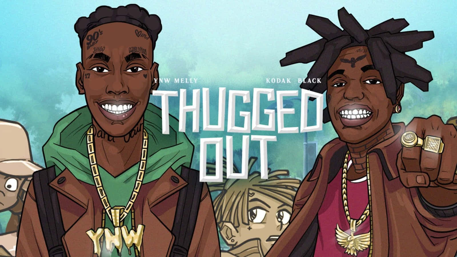 Ynw Melly Cartoon 桌布 壁紙 — 兩個卡通風格的微笑說唱歌手戴著金鏈，在青綠色天空背景下指向觀眾，並帶有「THUGGED OUT」文字。