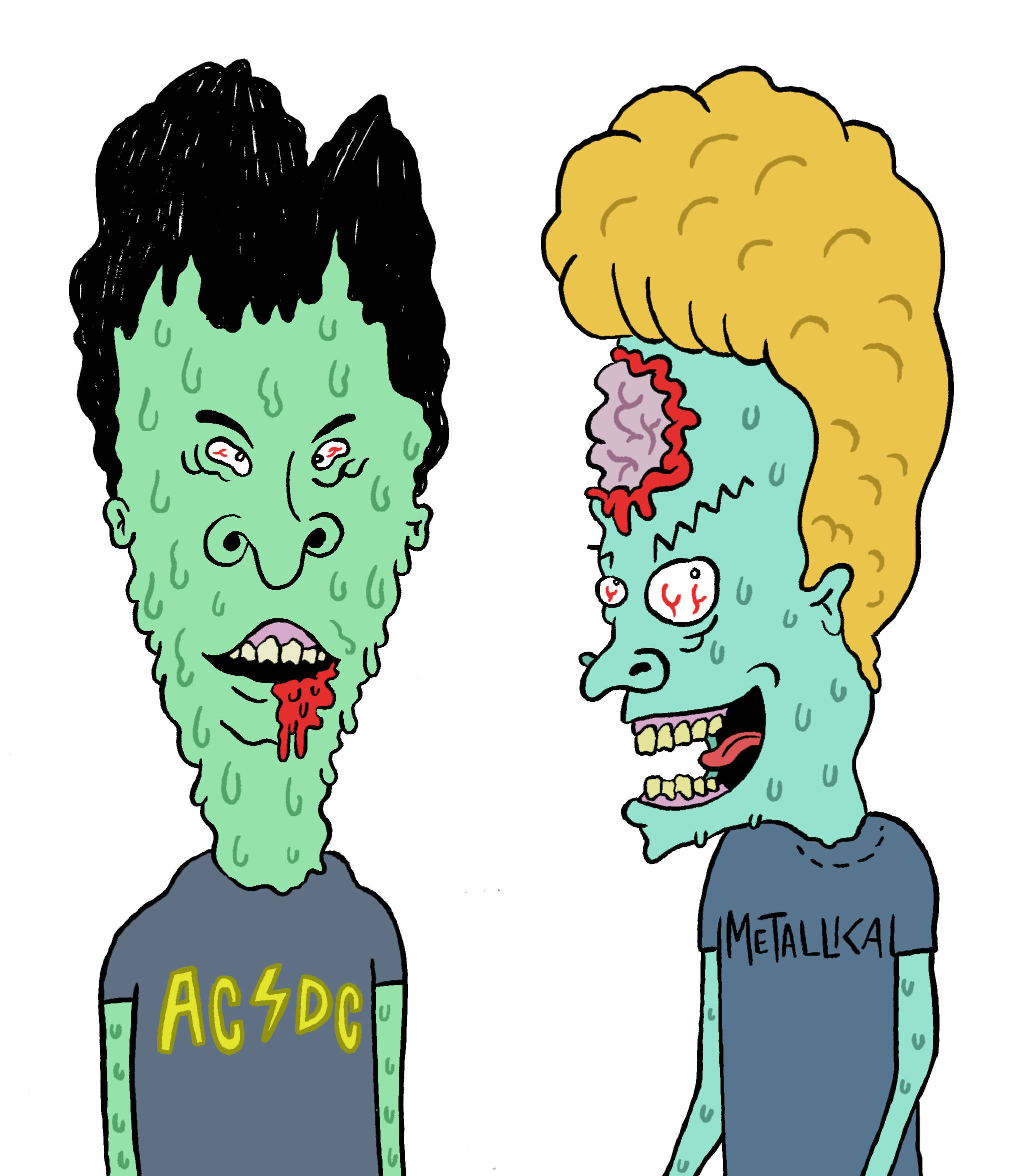 Beavis 桌布 壁紙 — 兩個卡通風格的殭屍角色，綠色皮膚，露出大腦，穿著ACDC和Metallica樂隊T恤，狂野地咧嘴笑。