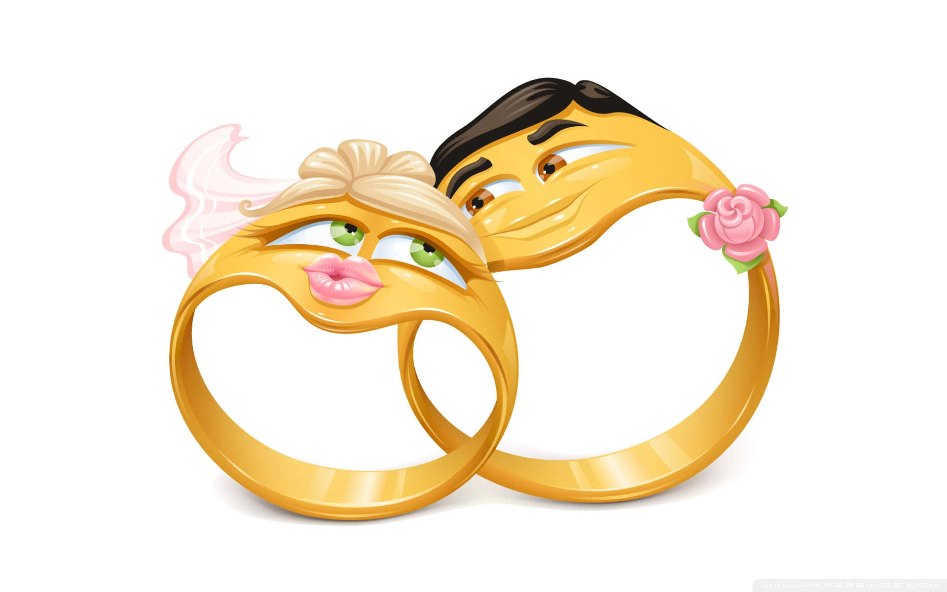 graphic art 桌布 壁紙 — 兩個卡通風格的金色結婚戒指，帶有面孔和婚禮服飾，在白色背景上分享一個俏皮的吻。