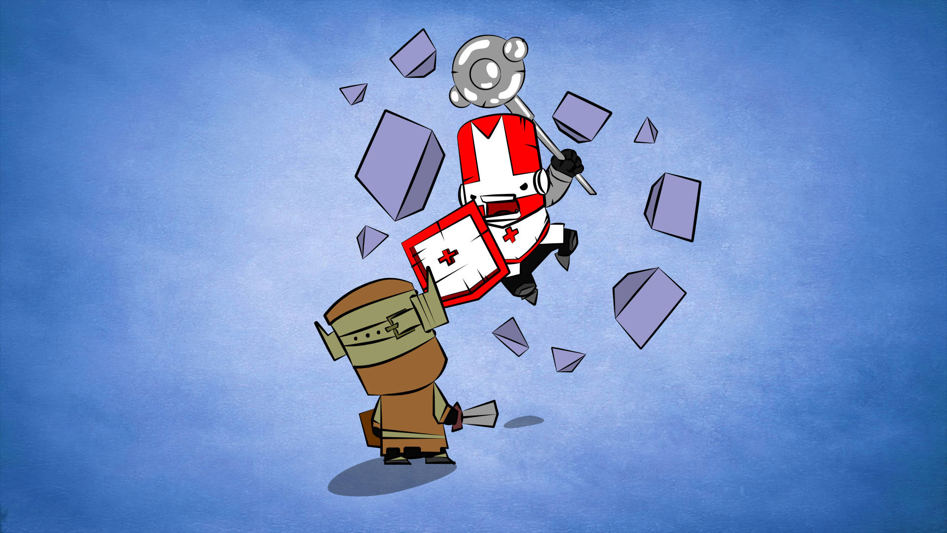 Castle Crashers 桌布 壁紙 — 兩個卡通騎士在浮動的紫色方塊中，用狼牙棒和盾牌碰撞，背景是帶紋理的藍色。