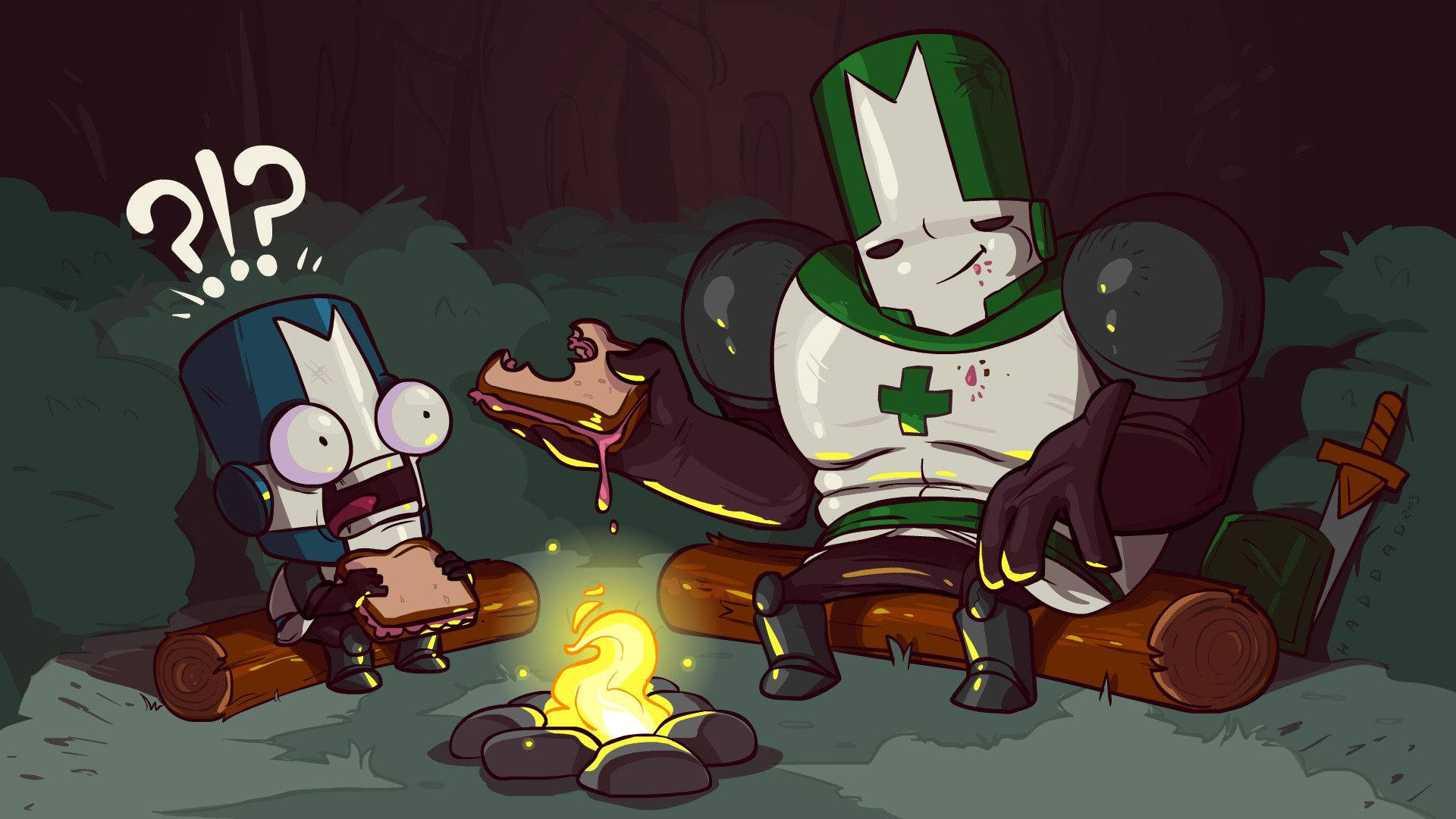 Castle Crashers 桌布 壁紙 — 兩個卡通騎士坐在黑暗森林的營火旁，其中一個對另一個的凌亂吃相感到震驚。