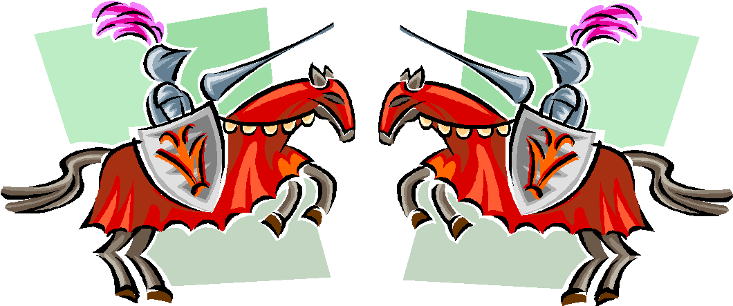 Clip Art 桌布 壁紙 — 兩個卡通騎士騎著火紅的馬匹，用劍和盾牌以大膽的圖形風格交鋒。