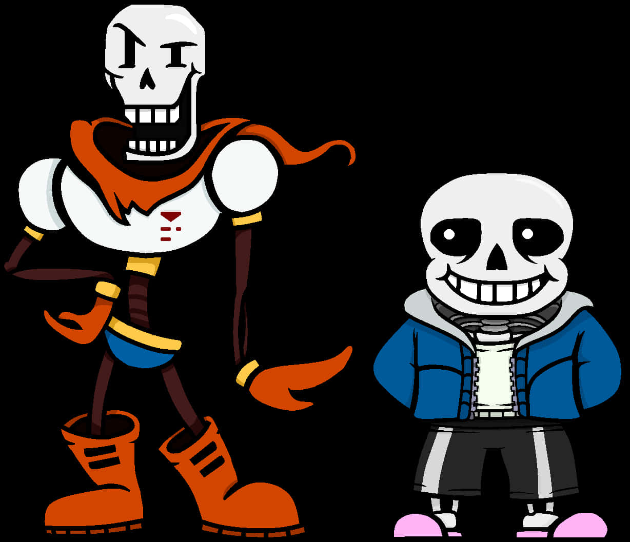 Undertale 桌布 壁紙 — 兩個卡通骷髏並排站在黑色背景前，一個穿著橙色衣服，另一個穿著藍色連帽衫。