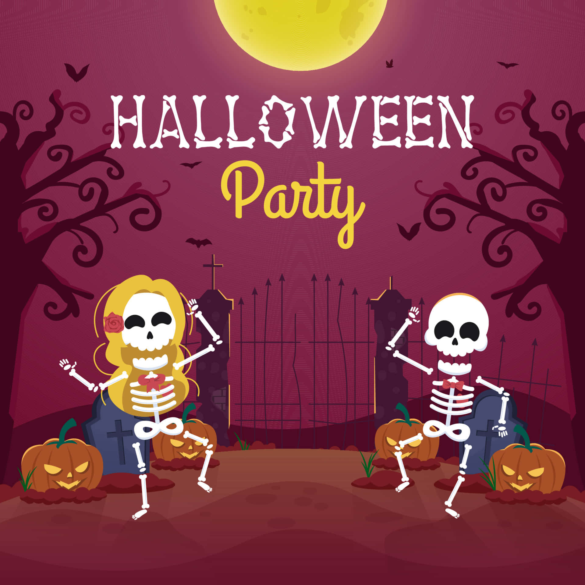 Halloween Party 桌布 壁紙 — 兩個卡通骷髏在一個陰森的墓園裡，在一個被南瓜和蝙蝠包圍的發光黃色月亮下快樂地跳舞。
