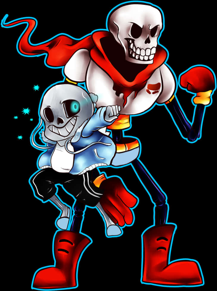 Undertale Sans 桌布 壁紙 — 兩個卡通骷髏穿著紅色和藍色服裝，在黑色背景上動態擺姿勢，帶有發光的藍色輪廓。