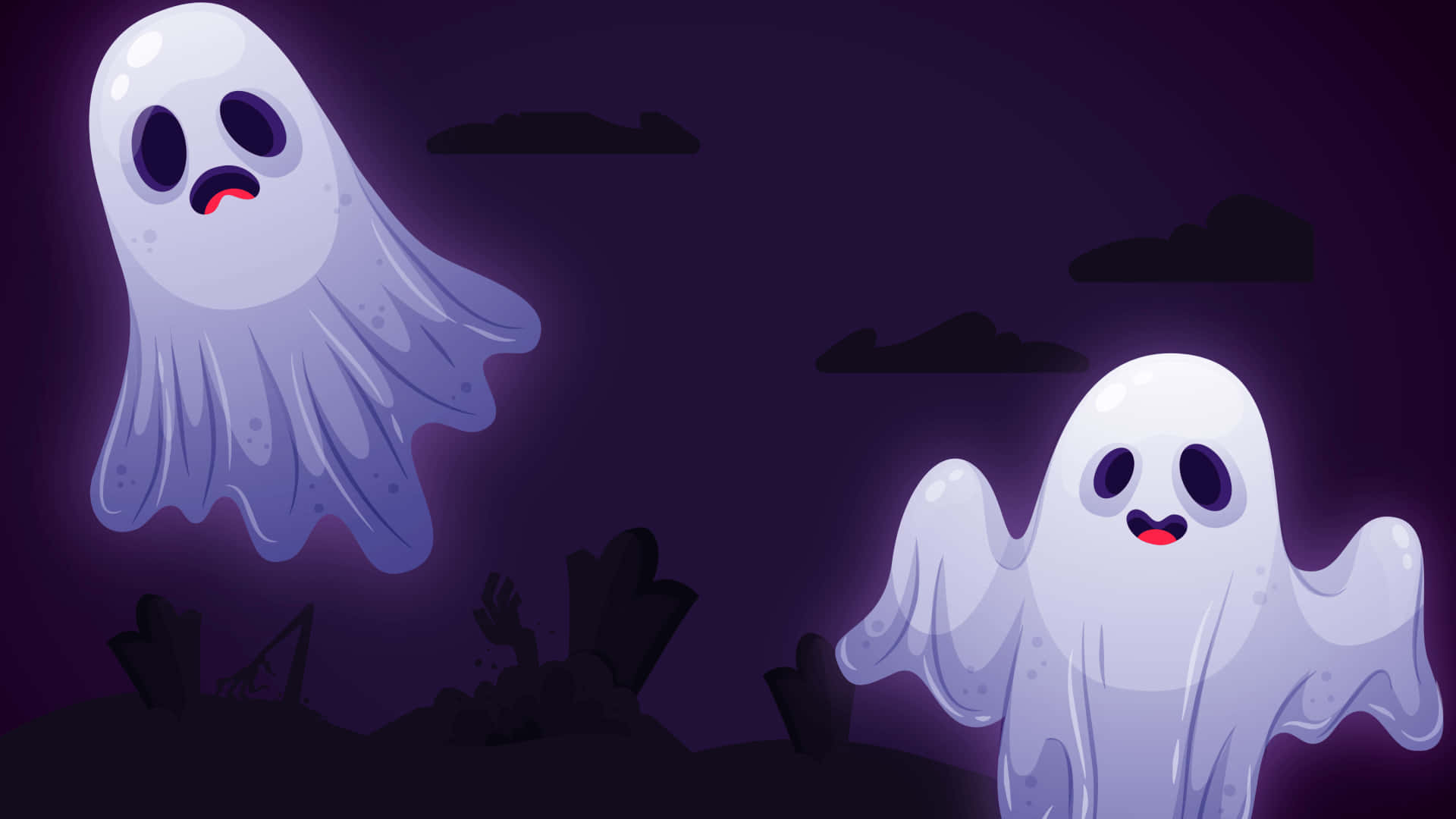 ghosts 桌布 壁紙 — 兩個卡通鬼魂在深紫色夜空下飄浮在墓地上空，天空中有剪影雲。