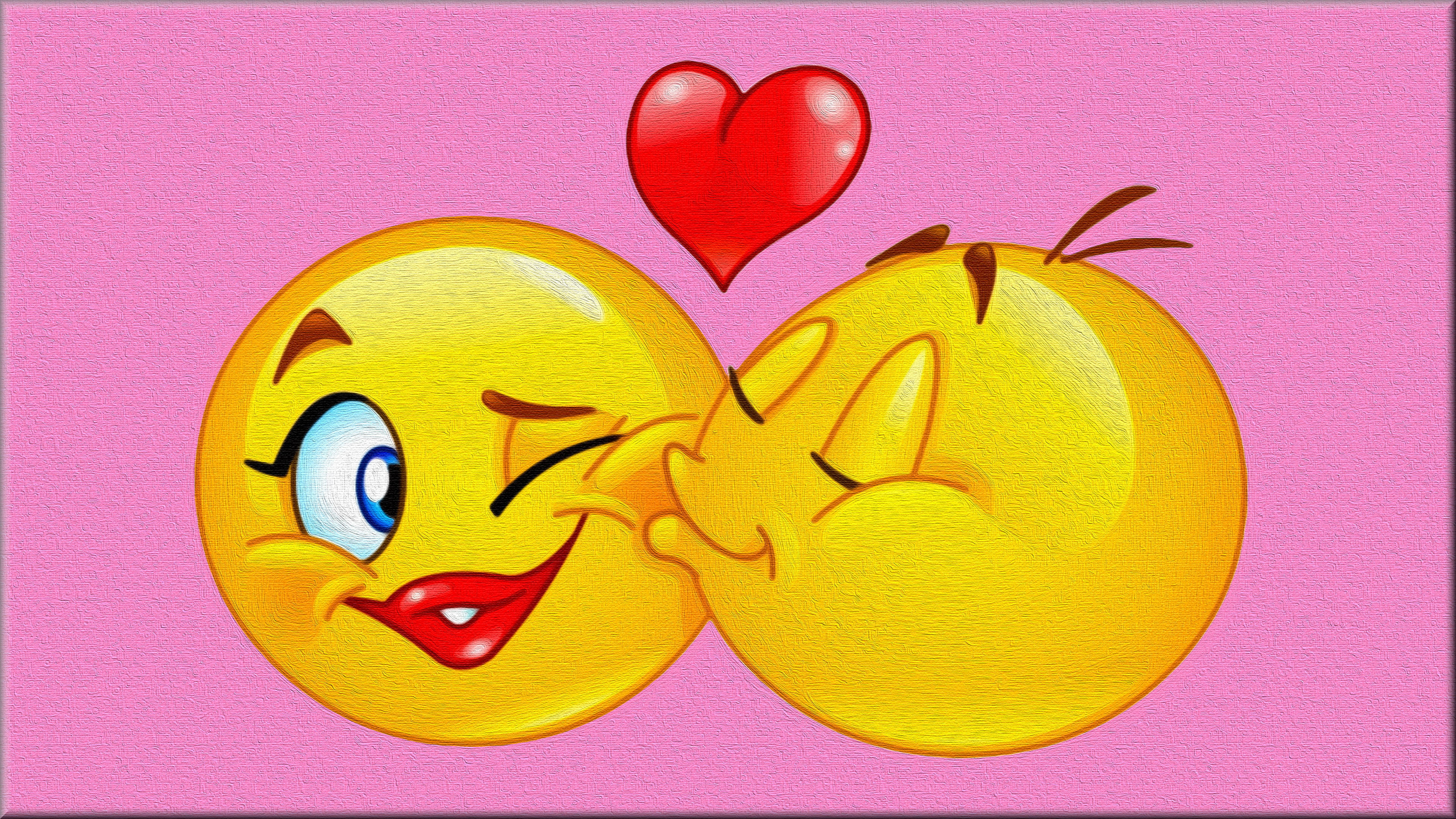 Kissing 桌布 壁紙 — 兩個卡通黃色笑臉在粉紅色紋理背景上接吻，上方有一個紅色心形。