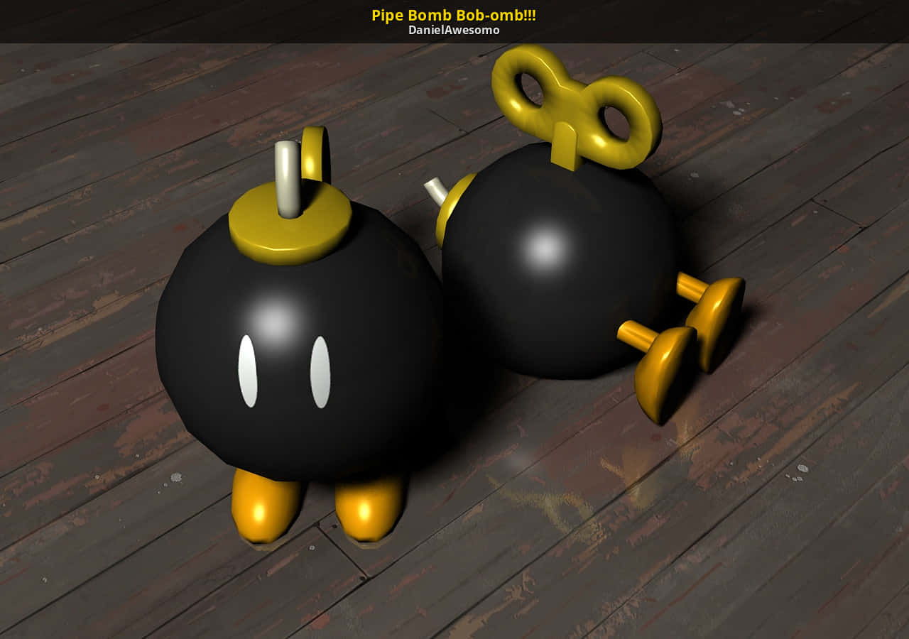 Bob-omb 桌布 壁紙 — 兩個卡通黑色管狀炸彈角色，有黃色四肢和眼睛，坐在風化的木地板上。