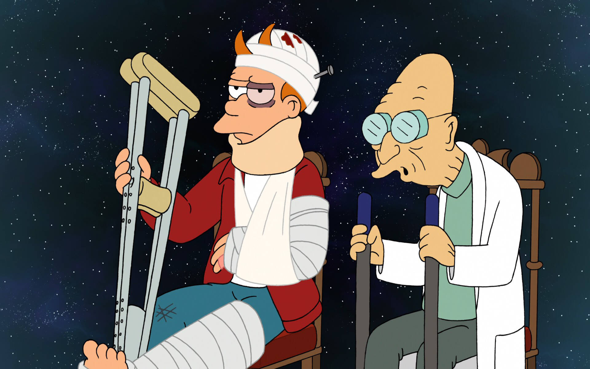 Futurama 桌布 壁紙 — 兩個受傷的卡通人物坐在椅子上，背景是繁星點點的夜空，一個拄著拐杖、纏著繃帶，另一個拿著手杖、戴著眼鏡。