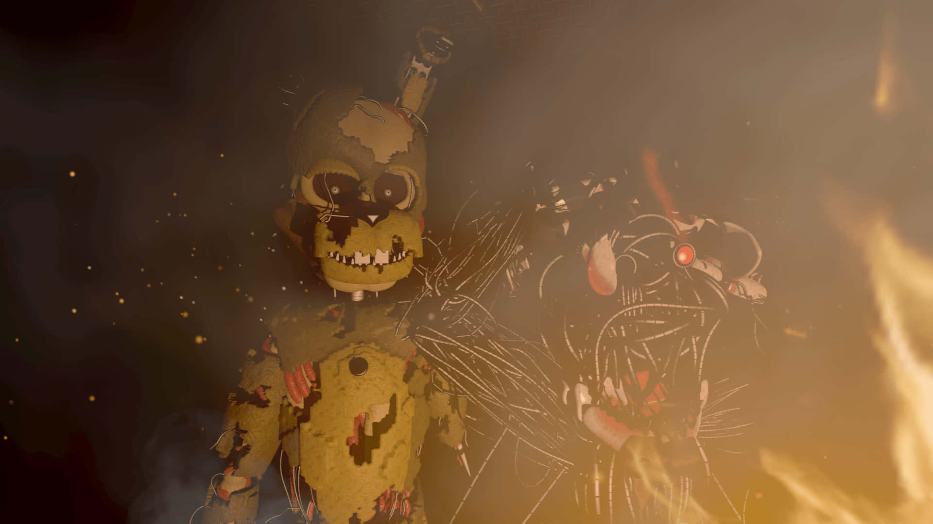 Scraptrap 桌布 壁紙 — 兩個受損的電子動畫角色站在充滿煙霧和火焰的場景中，伴隨著發光的餘燼和黑暗的陰影。
