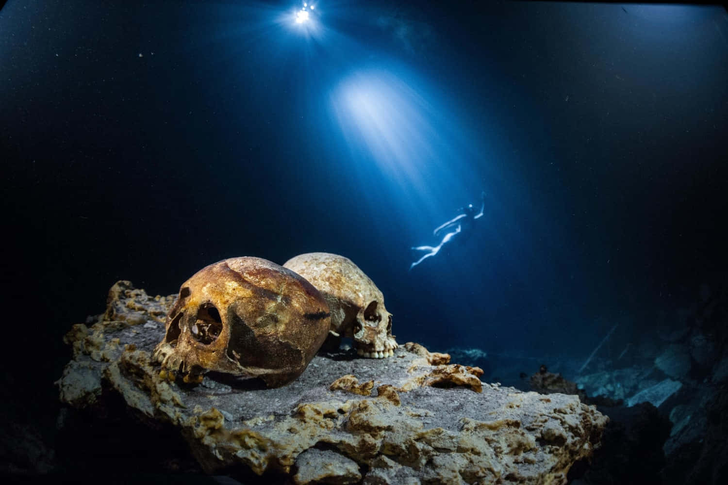 Scary Underwater 桌布 壁紙 — 兩個古代頭骨躺在岩石海底上，一名潛水員在從上方射出的光束照亮下的深藍色海洋中游泳。