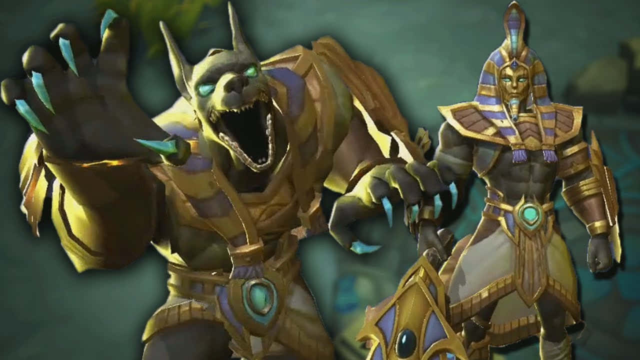 Mobile Legends 動態圖 桌布 壁紙 — 兩個古埃及主題的奇幻戰士，一個是擁有發光眼睛和爪子的怪物，另一個是穿著盔甲的法老，兩者都穿著金色盔甲，背景是黑暗神秘的。
