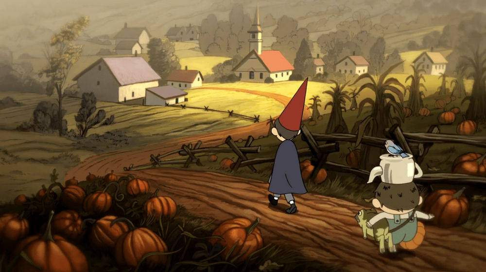 over the garden wall 桌布 壁紙 — 兩個古怪的角色在朦朧的秋天下穿過南瓜田，走向一個古雅的小村莊。