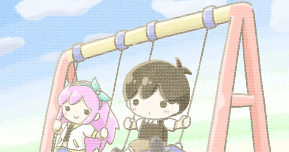 Cute Art 桌布 壁紙 — 兩個可愛動畫小孩在粉紅色鞦韆上微笑盪漾，背景是晴朗藍天和 fluffy 雲朵。