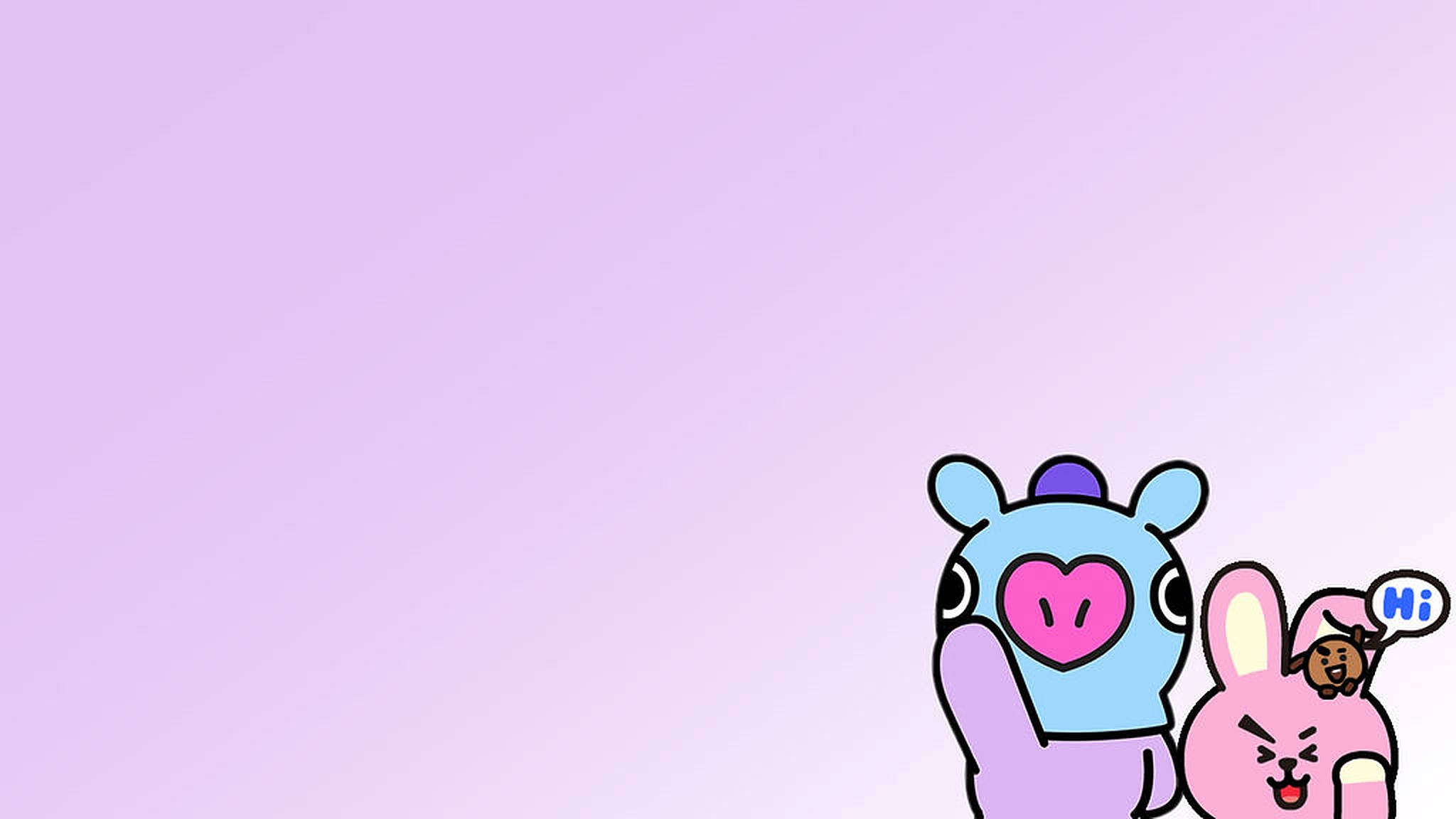 mang bt21 桌布 壁紙 — 兩個可愛卡通角色，一個藍色心形鼻子的熊和一個粉紅色兔子在柔和的薰衣草漸變背景上揮手打招呼。