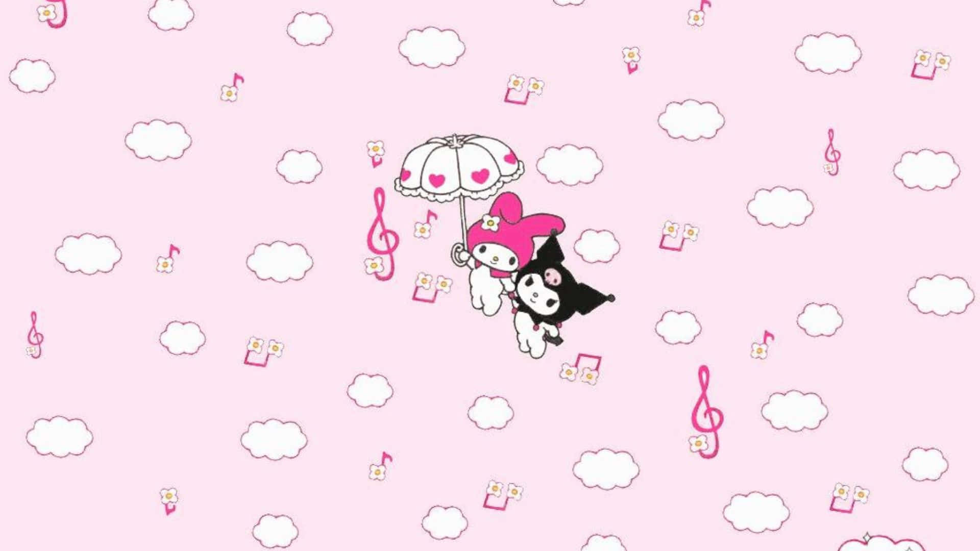 Kuromi And My Melody 桌布 壁紙 — 兩個可愛卡通角色在漂浮的雲朵和音符中，於柔和粉紅色背景上拿著心形圖案雨傘。