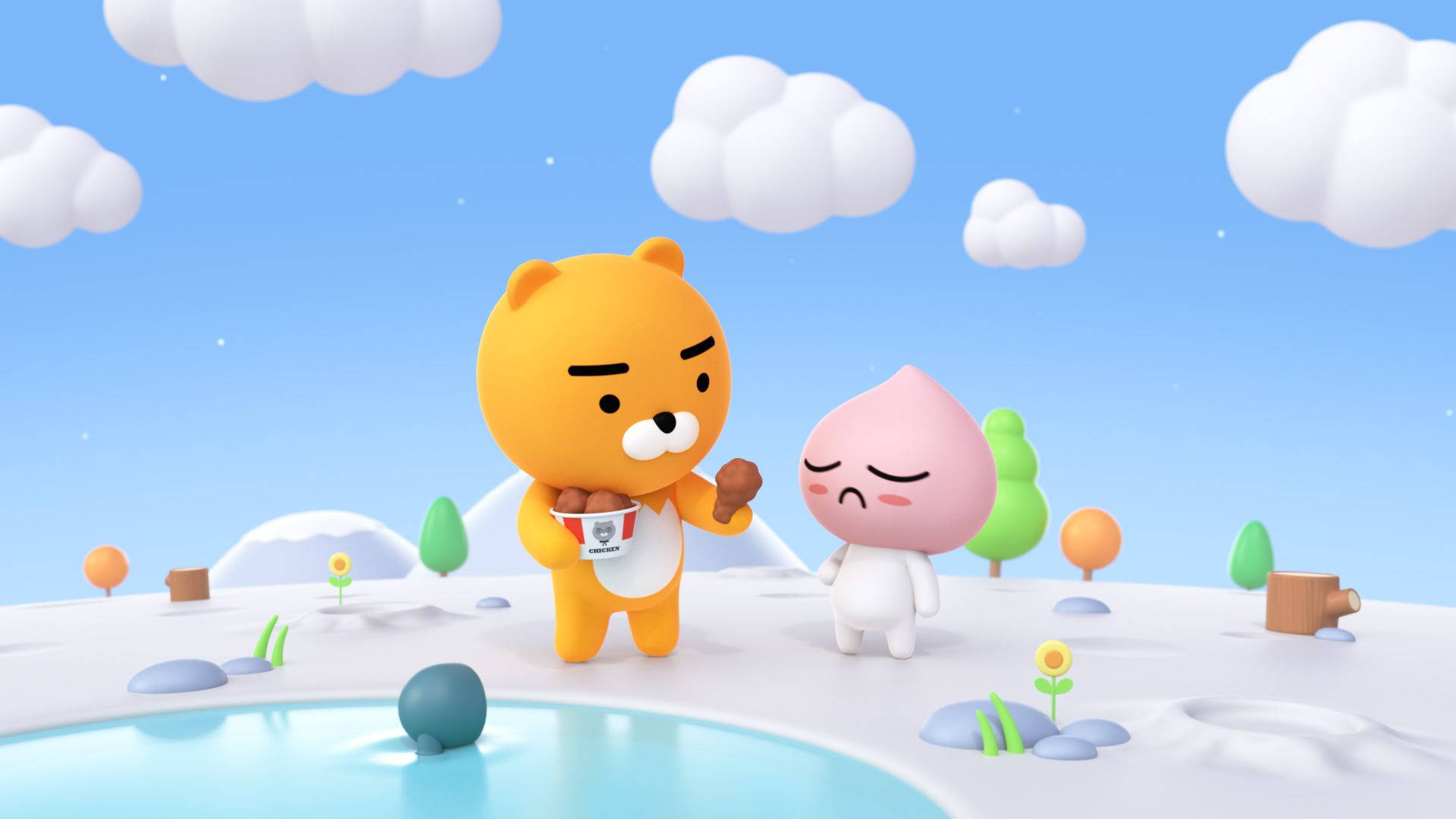 Kakao 桌布 壁紙 — 兩個可愛的3D渲染卡通角色，一個橙色熊拿著食物和一個粉紅色淚滴形狀的角色，站在池塘附近，天空湛藍，有蓬鬆的雲朵。