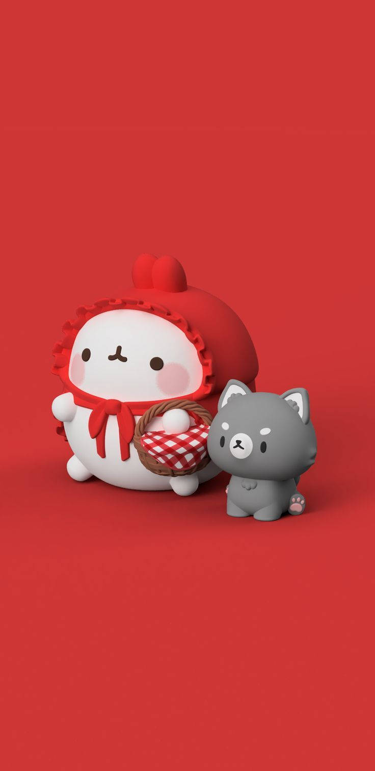 3D 桌布 壁紙 — 兩個可愛的3D渲染角色，一隻戴紅色帽子、提籃子的白兔和一隻灰貓，站在純紅色背景前。
