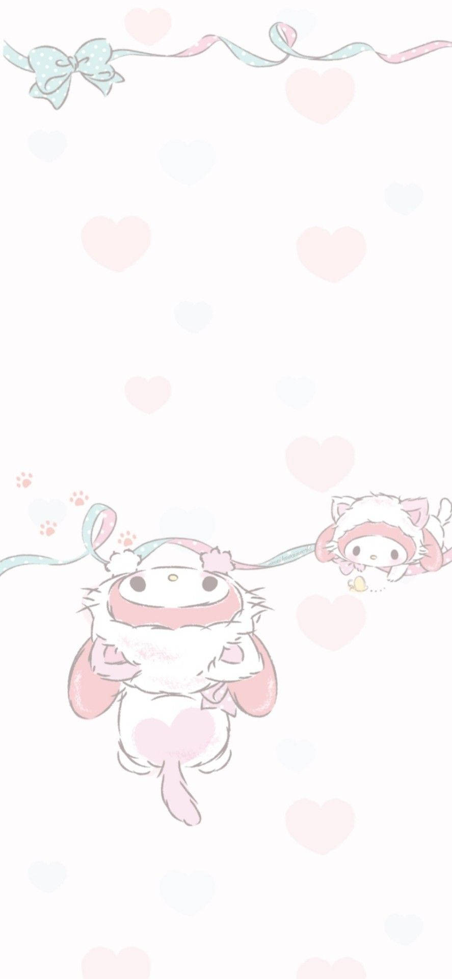 Cute Sanrio 桌布 壁紙 — 兩個可愛的My Melody角色在粉彩愛心中輕輕漂浮，頂部有一個蝴蝶結。