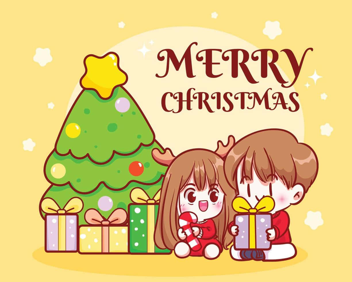 聖誕樹動畫 桌布 壁紙 — 兩個可愛的Q版小孩穿著紅色衣服，在溫暖的黃色天空下，高興地拿著禮物站在裝飾好的聖誕樹旁。