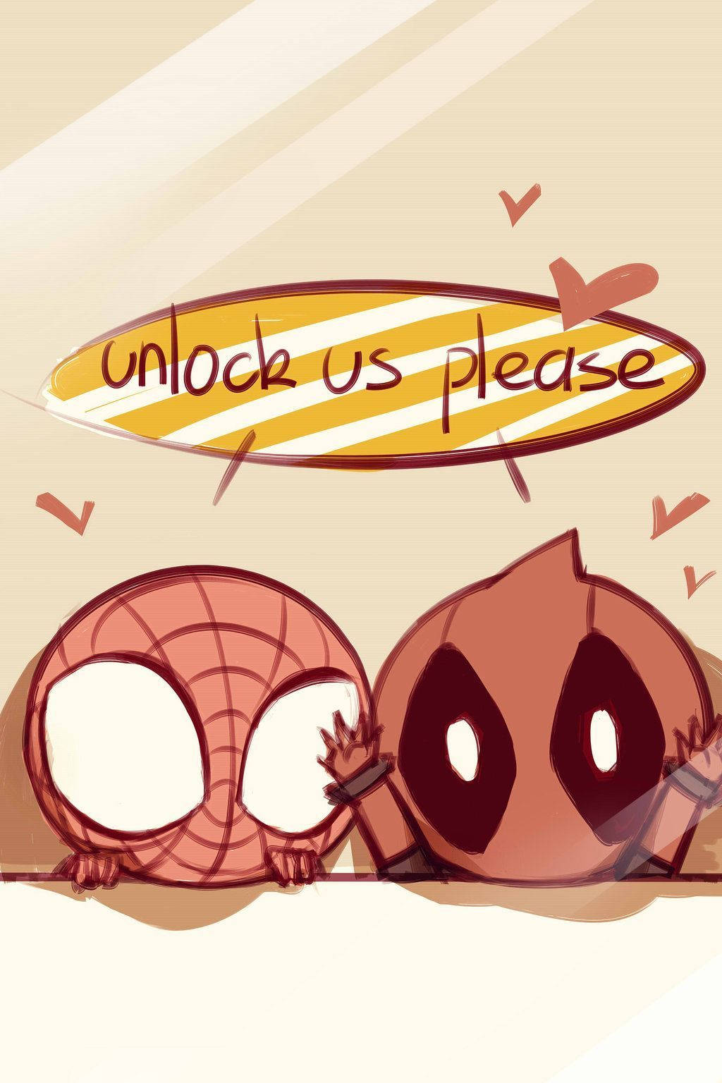 Cute Marvel 桌布 壁紙 — 兩個可愛的Q版超級英雄在邊緣偷看，有個對話氣泡寫著解鎖我們吧拜託，周圍是愛心。