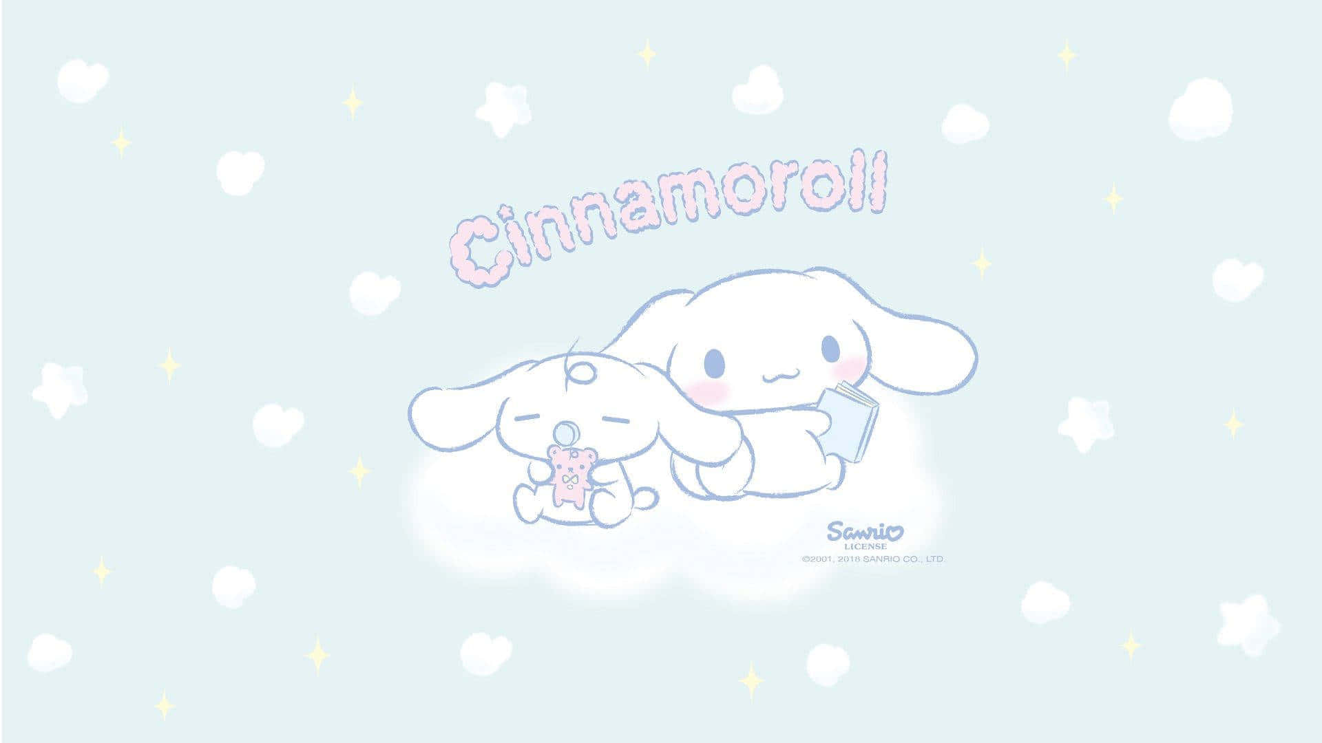 Cinnamoroll Sanrio 桌布 壁紙 — 兩個可愛的Sanrio角色Cinnamoroll和My Melody坐在雲上，背景是帶有星星和心形的粉彩天空。