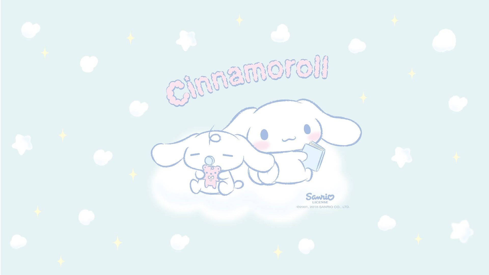 肉桂捲 桌布 壁紙 — 兩個可愛的Sanrio角色Cinnamoroll和My Melody在雲上休息，背景是帶有星星和心形的粉彩天空。