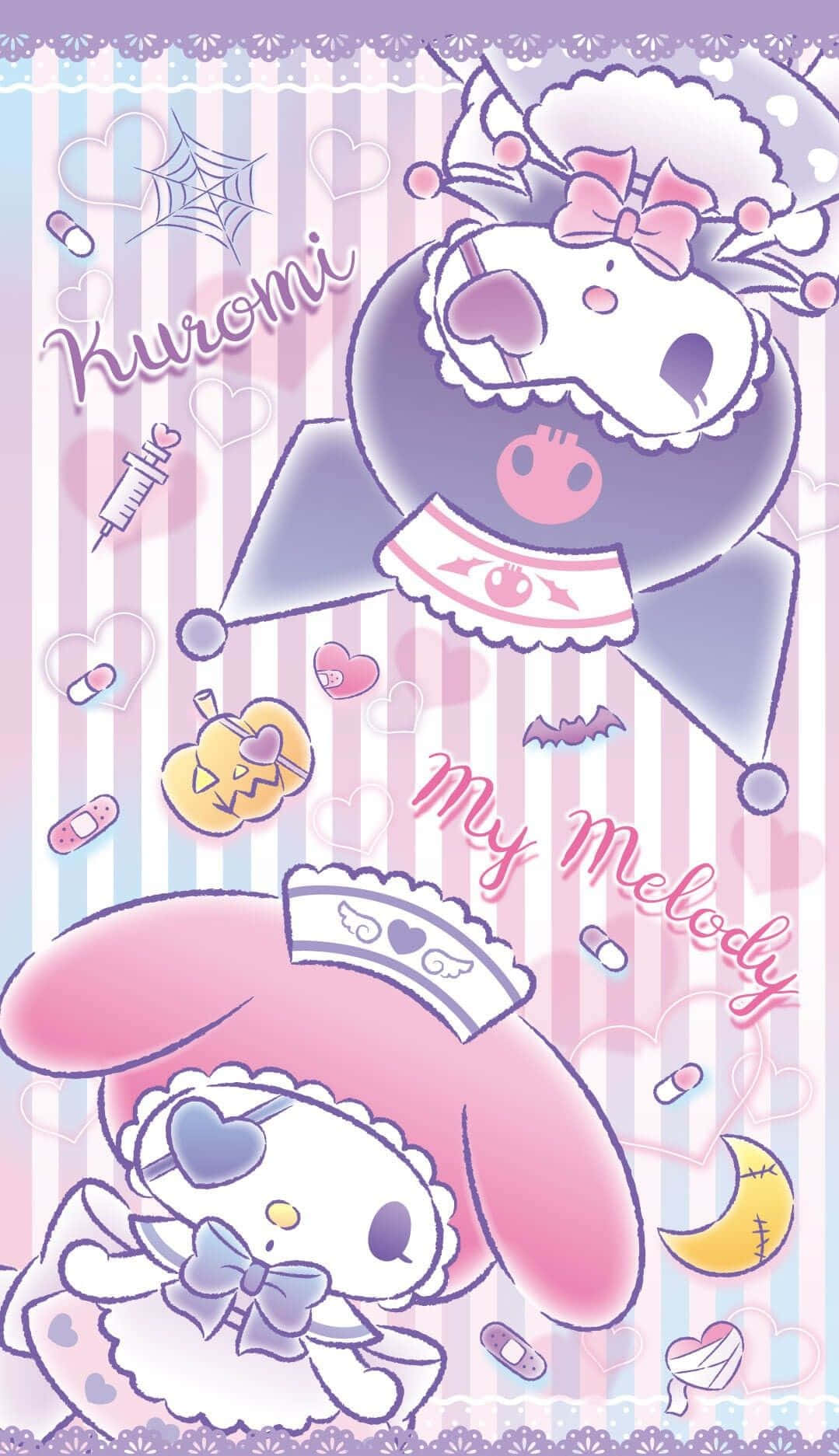 桌布 壁紙 — 兩個可愛的Sanrio角色Kuromi和My Melody穿著護士服，在條紋背景上漂浮於心形、藥丸和恐怖裝飾之間。