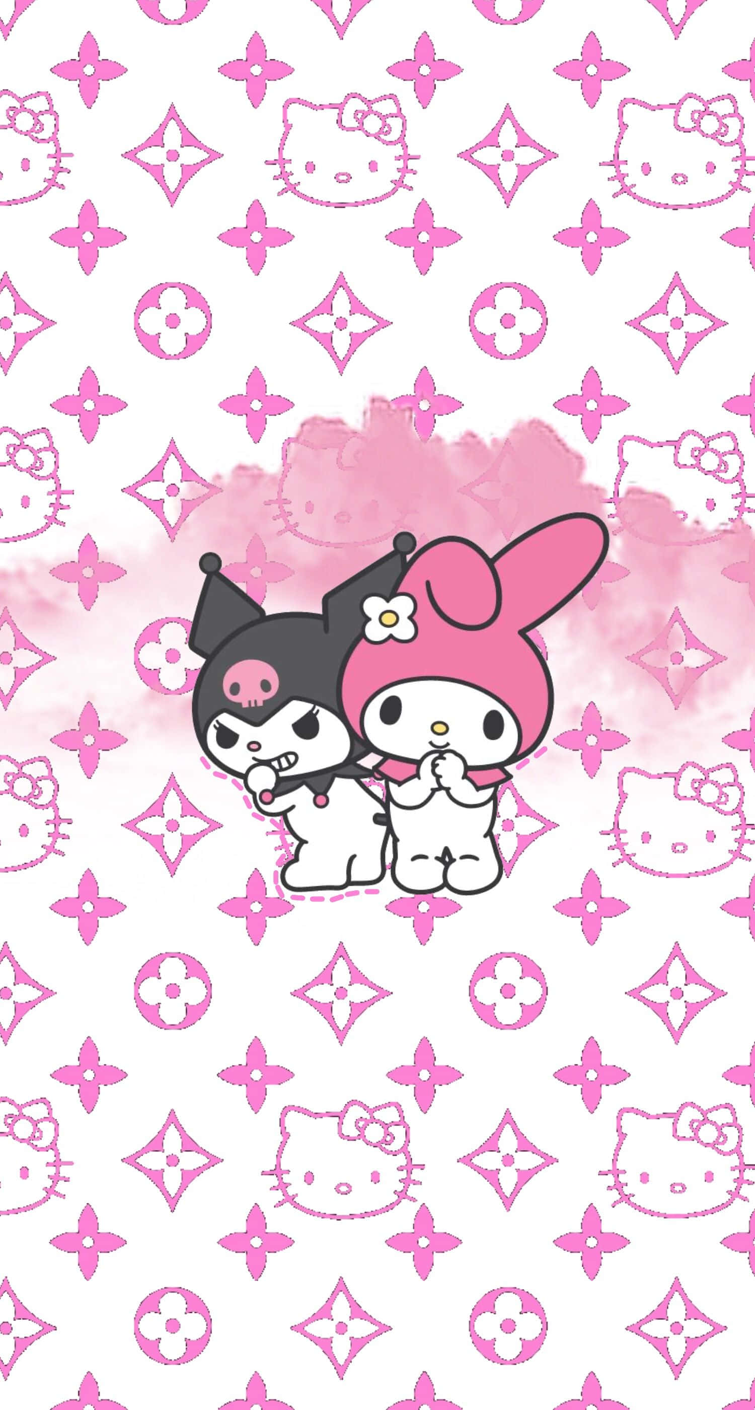 Louis Vuitton iPhone 桌布 壁紙 — 兩個可愛的Sanrio角色Kuromi和My Melody在重複的Hello Kitty圖案背景上，以粉紅色水彩潑濺為背景一起擺姿勢。