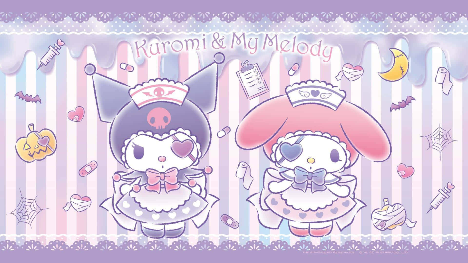 Kuromi Halloween 桌布 壁紙 — 兩個可愛的Sanrio角色Kuromi和My Melody打扮成護士，在粉彩條紋背景上配有萬聖節主題裝飾。