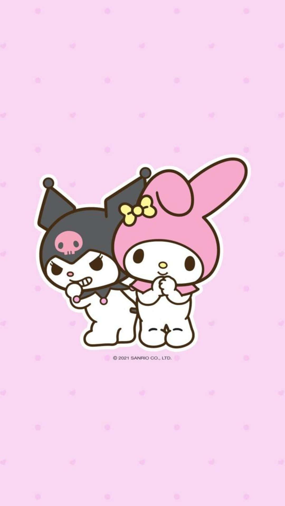Kuromi And My Melody 桌布 壁紙 — 兩個可愛的Sanrio角色My Melody和Kuromi在柔軟的粉紅色圓點背景上一起擺姿勢。