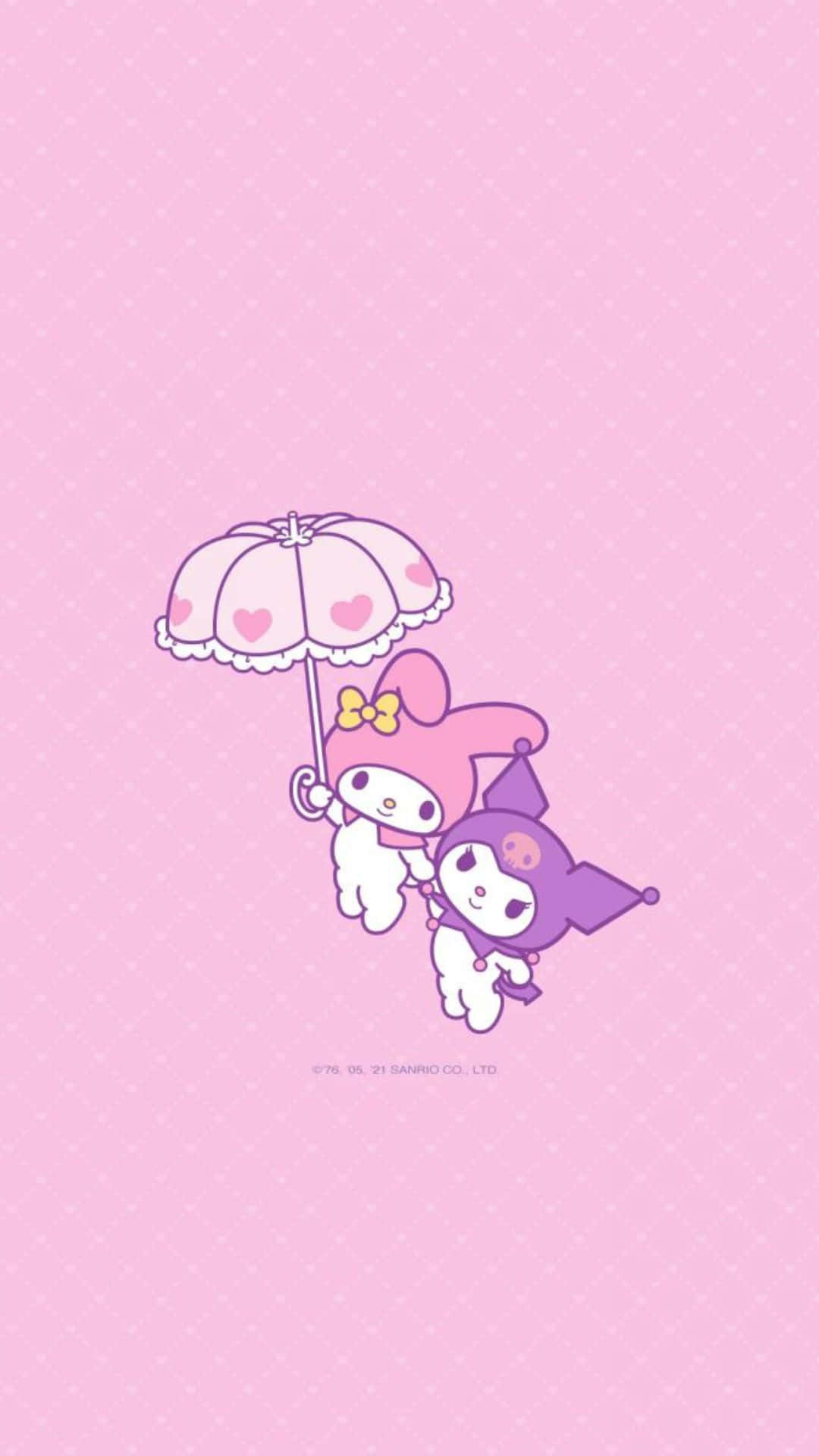 Kuromi And My Melody 桌布 壁紙 — 兩個可愛的Sanrio角色在柔和的粉紅色圓點背景上拿著心形圖案雨傘。