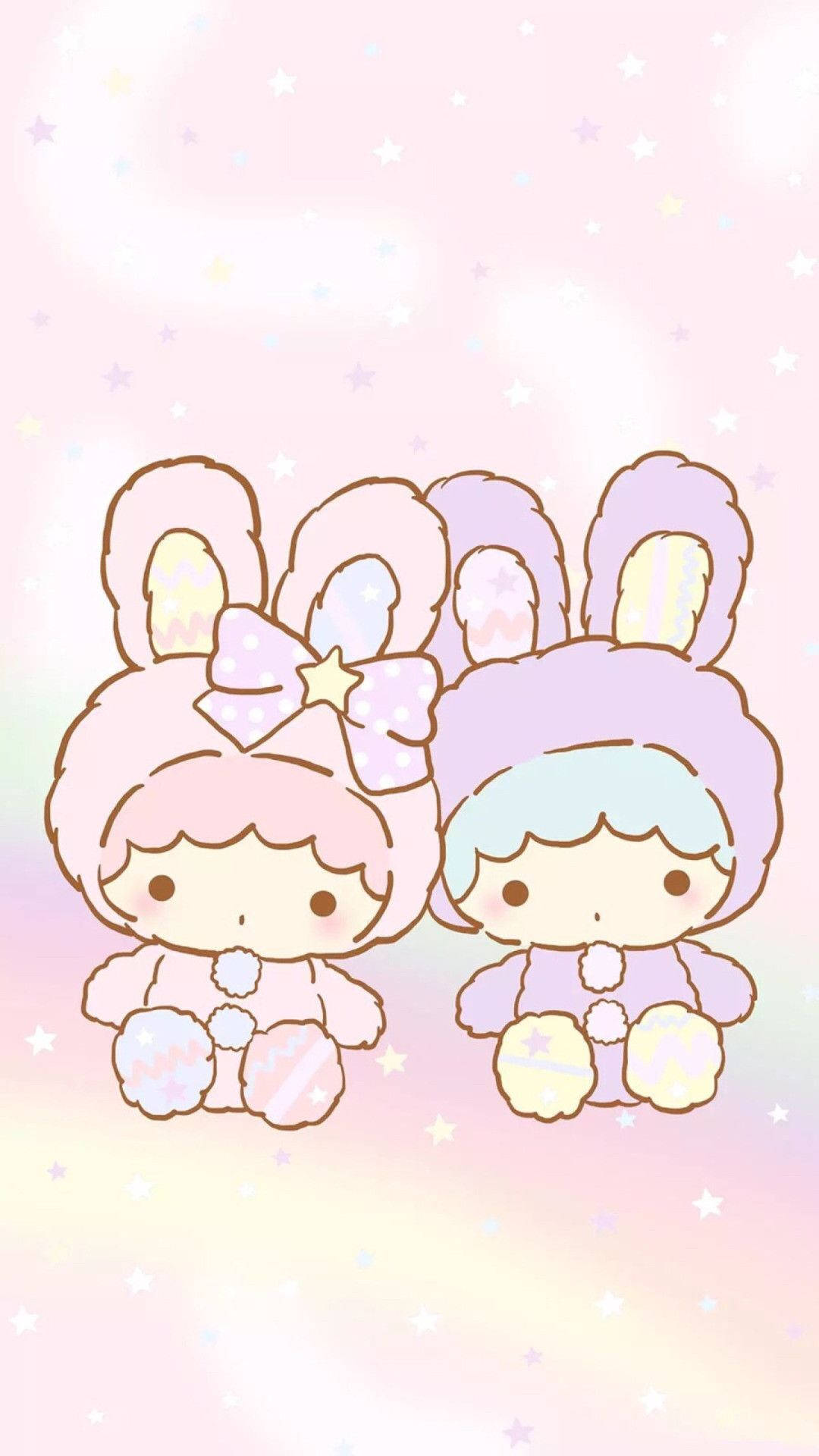 sanrio 桌布 壁紙 — 兩個可愛的兔頭角色穿著粉彩服裝，一起坐在星空漸變的天空下。