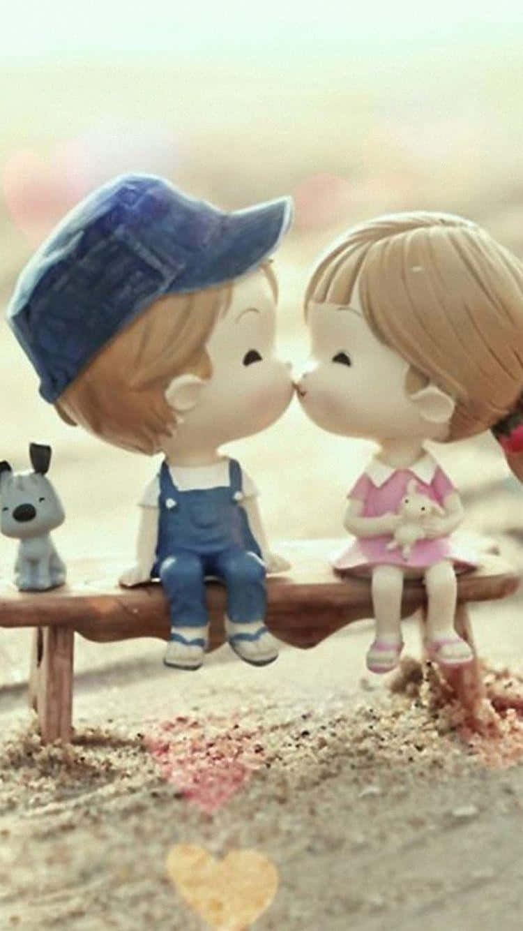 Sweet Love 桌布 壁紙 — 兩個可愛的公仔小朋友在沙地上的長椅旁邊與小狗一起親吻，還有愛心。