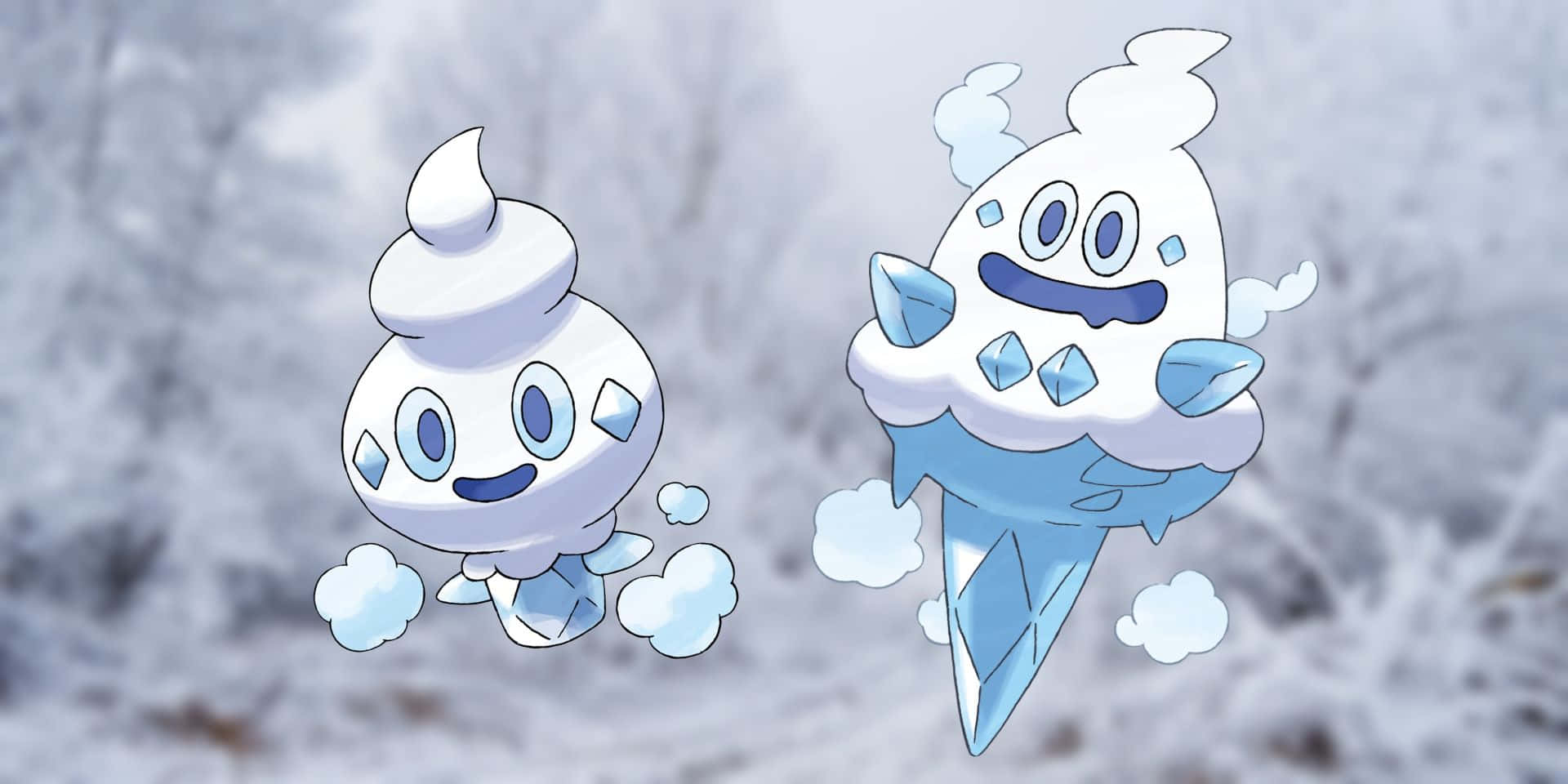 寶可夢 桌布 壁紙 — 兩個可愛的冰淇淋甜筒寶可夢在白雪皚皚的冬季森林中，背後有結霜的樹木，快樂地漂浮著。