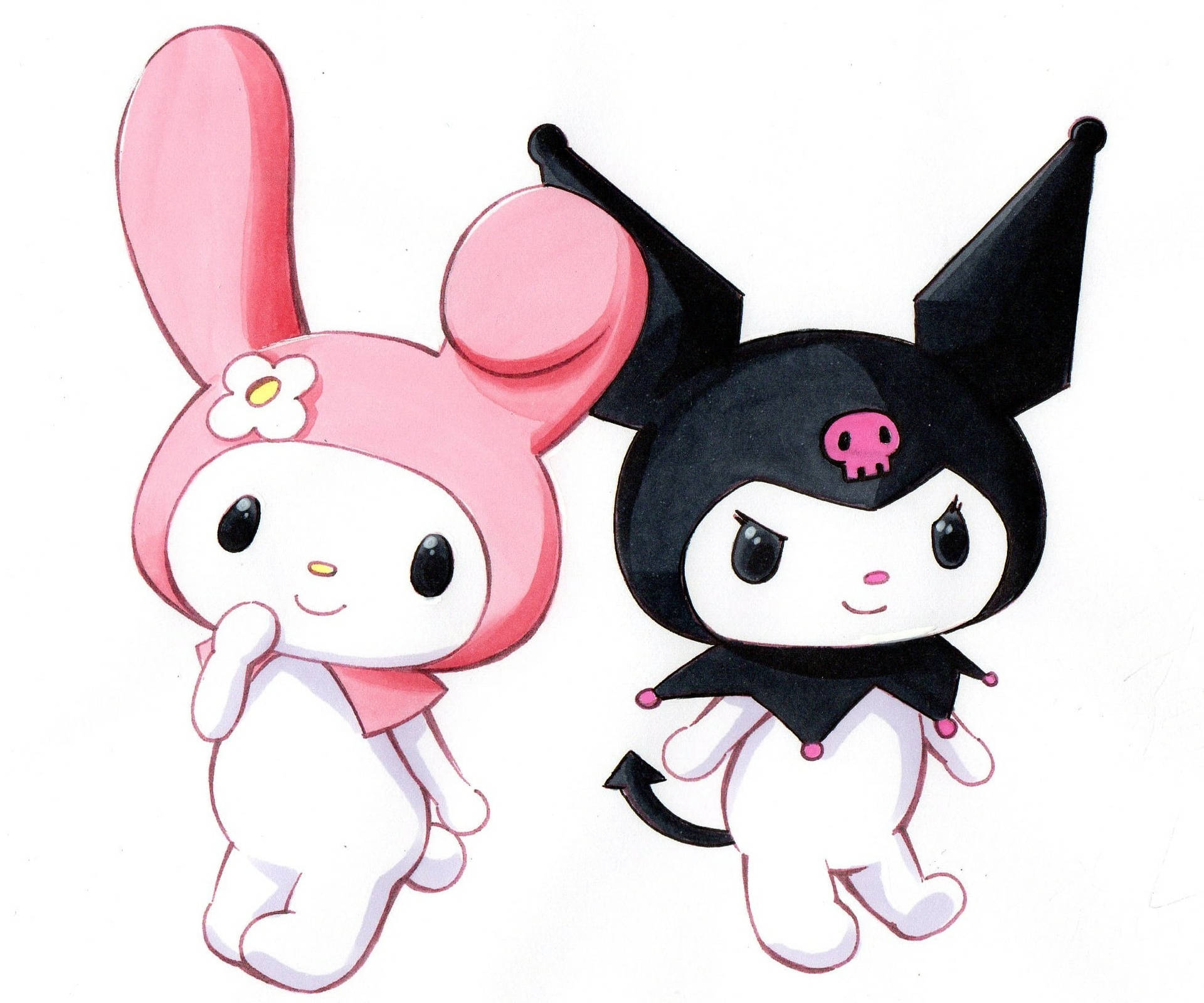兩個可愛的動漫角色 My Melody 和 Kuromi 站在一起 — 三麗鷗角色 GIF 壁紙