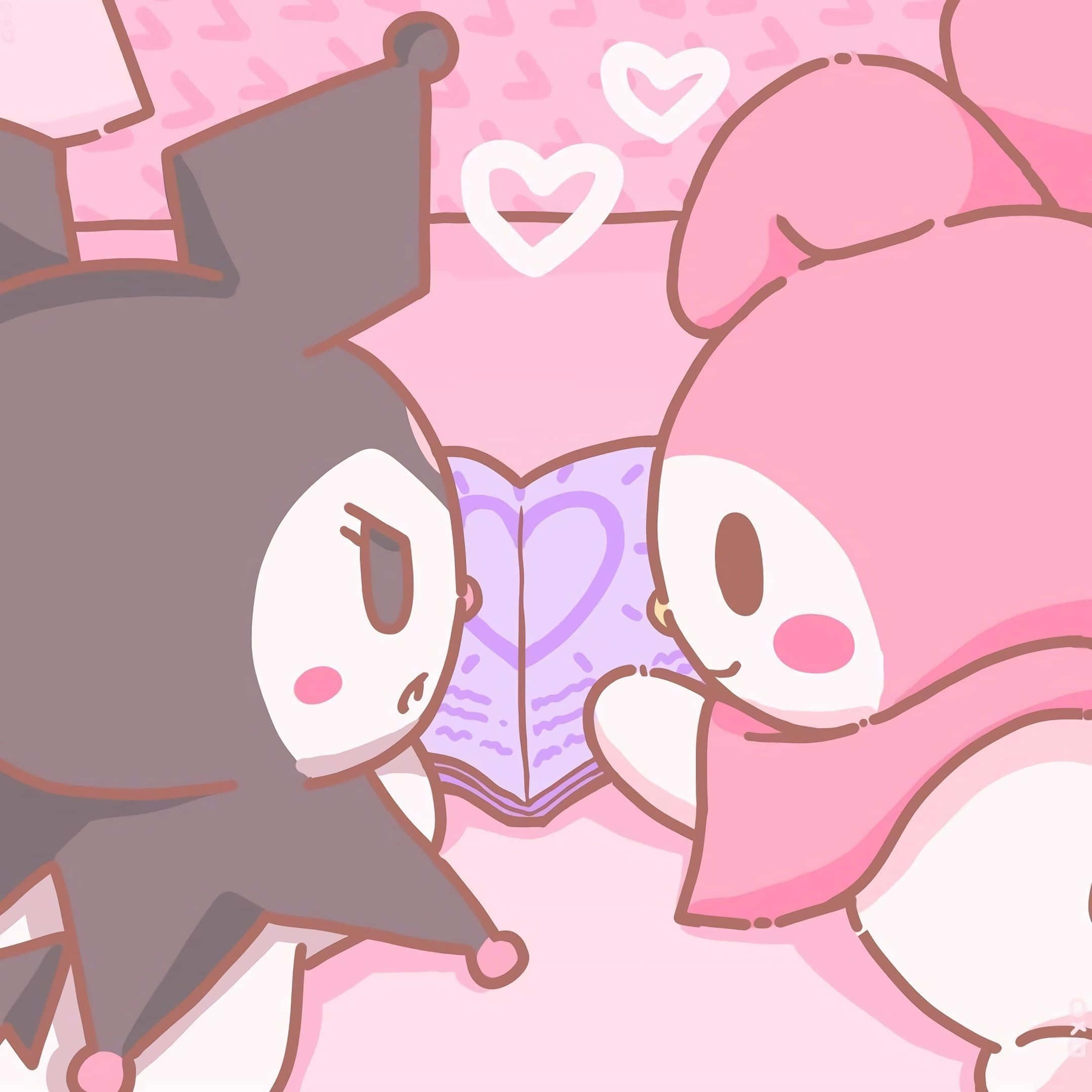 Kuromi And My Melody 桌布 壁紙 — 兩個可愛的動漫角色在漂浮的心形下共享一本心形書，背景是柔和的粉紅色。