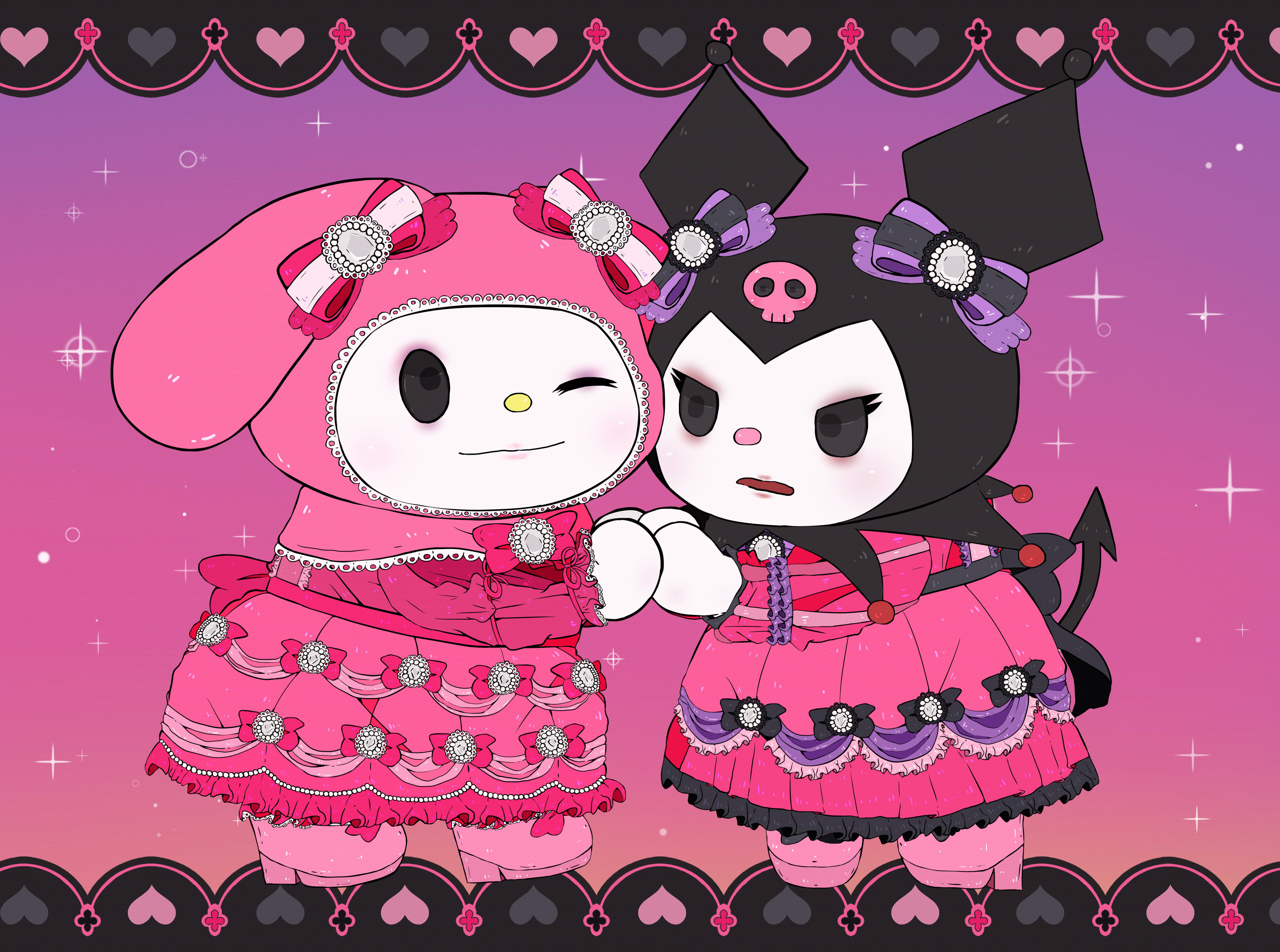 sanrio 桌布 壁紙 — 兩個可愛的動漫角色穿著粉紅色和黑色的哥德式連衣裙，在閃爍的紫色背景前擺姿勢，帶有心形邊框。