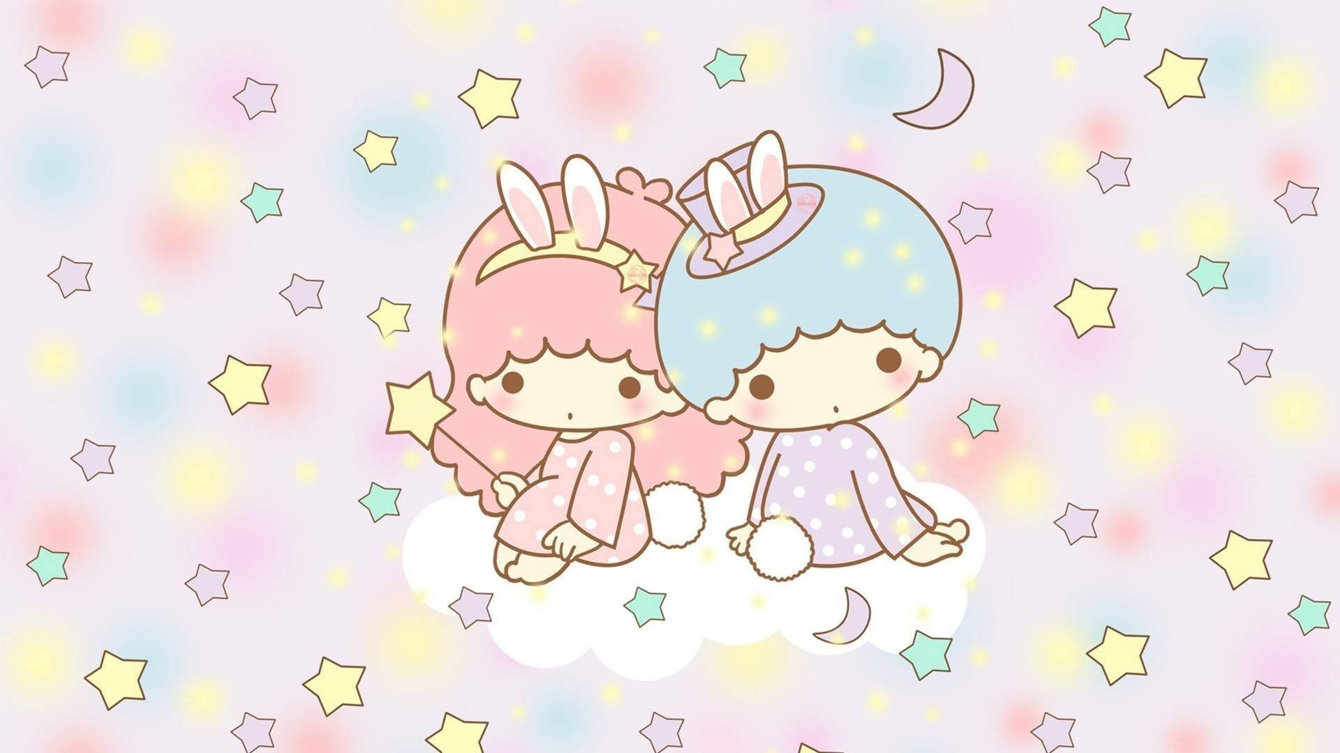 Twin 桌布 壁紙 — 兩個可愛的動漫風格女孩戴著兔耳朵坐在雲上，周圍環繞著色彩繽紛的星星和彎月。