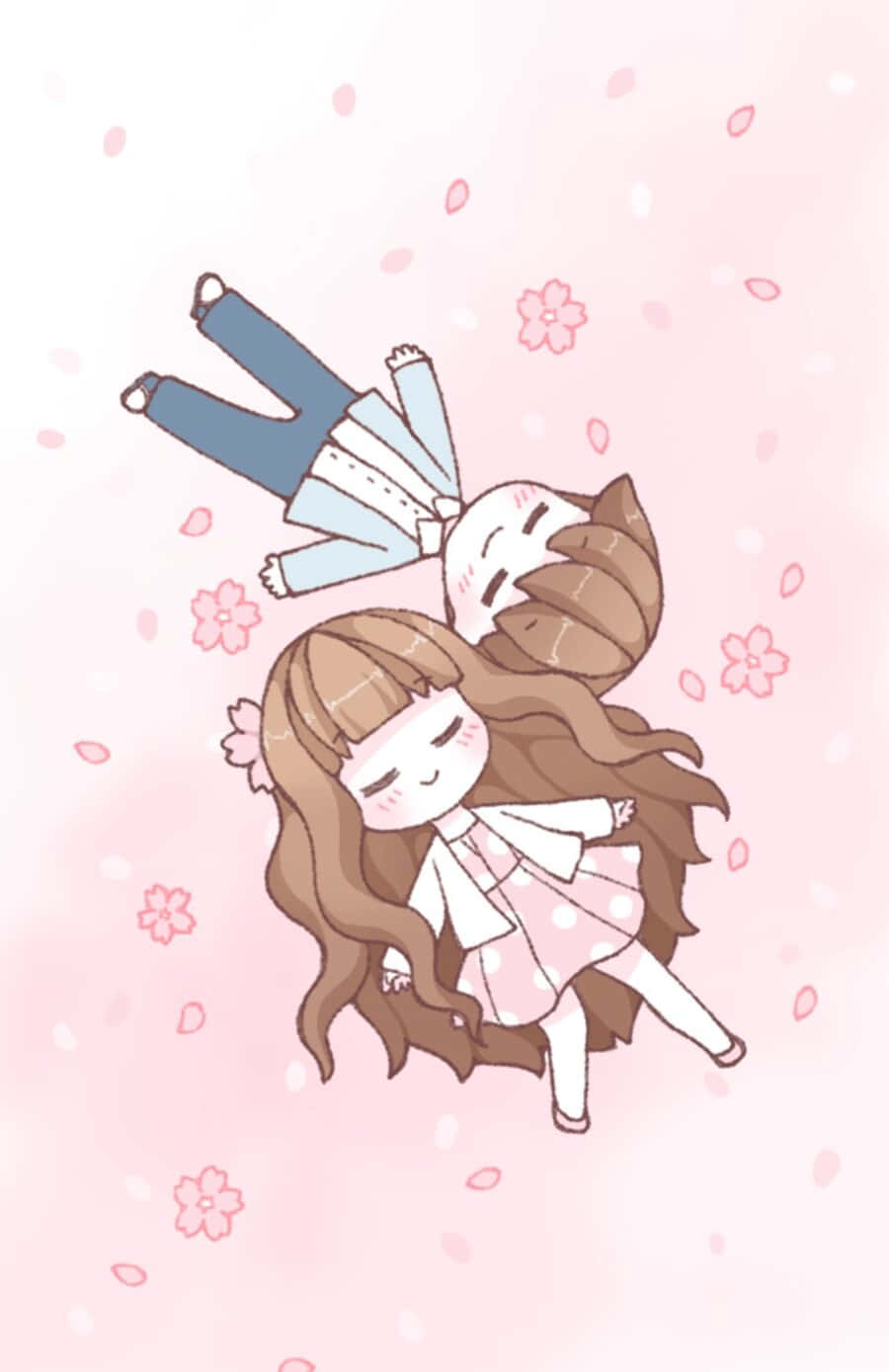 Kpop Kawaii 桌布 壁紙 — 兩個可愛的動漫風格小孩在柔和的粉彩背景下，在飄落的粉紅櫻花中輕輕漂浮。
