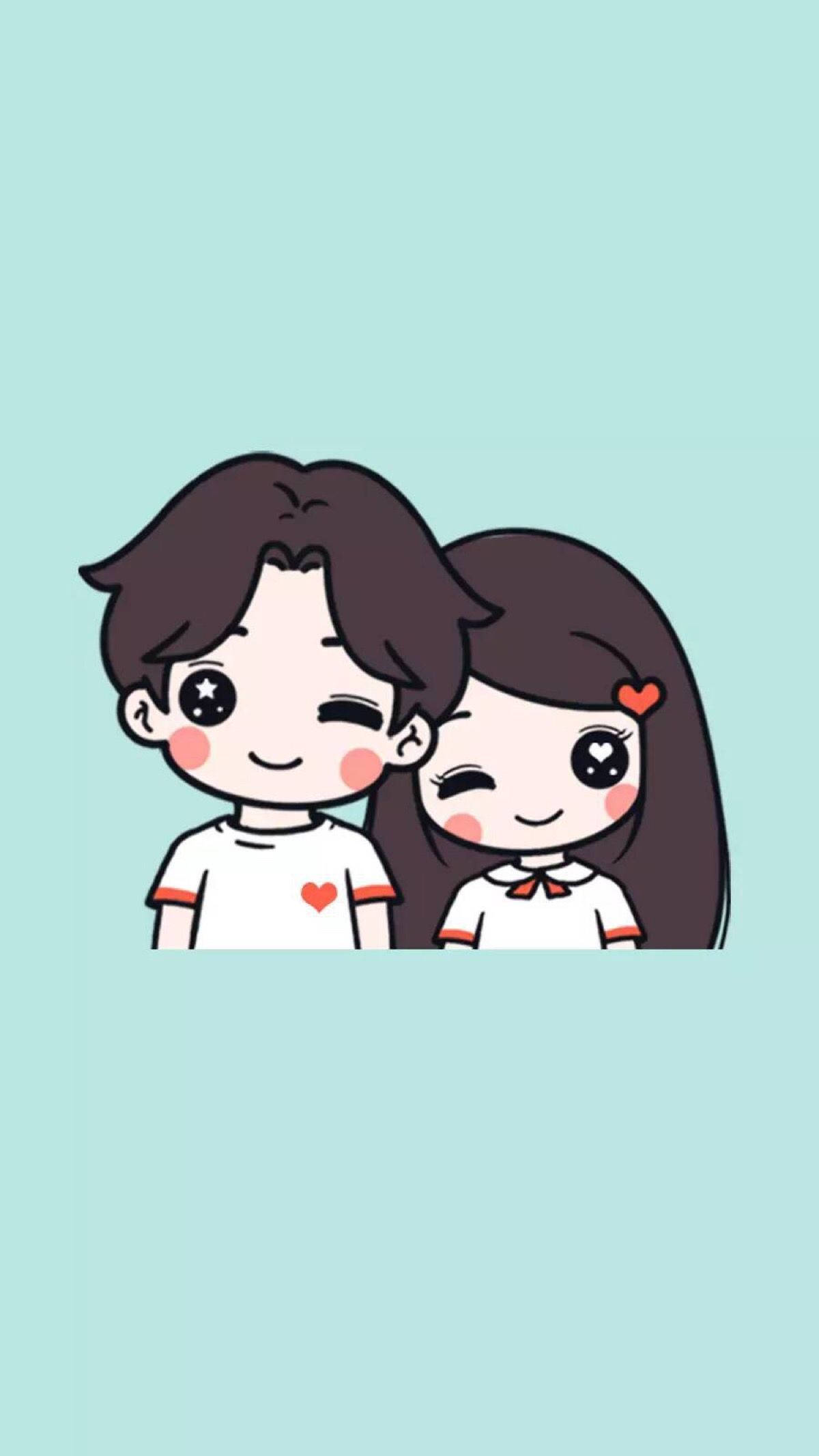 Cute Couples Cartoon 桌布 壁紙 — 兩個可愛的動漫風格戀人，在柔和的薄荷色背景上眨眼，帶有心形眼睛和臉紅。