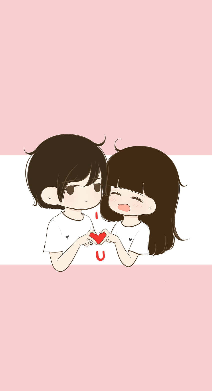 cute couple matching 桌布 壁紙 — 兩個可愛的動漫風格戀人用手比出心形，在柔和的粉紅色和白色背景上微笑。
