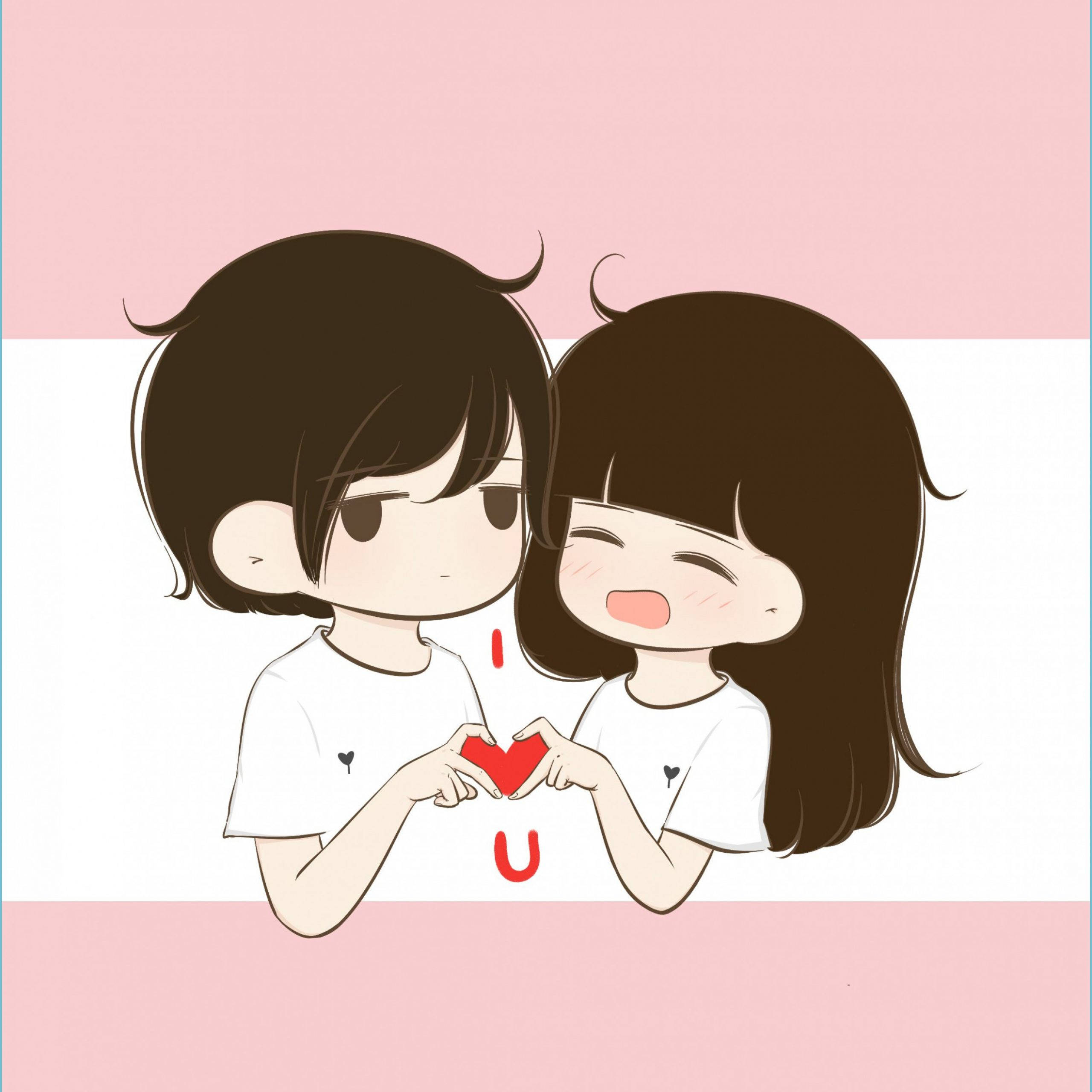 Love Story 桌布 壁紙 — 兩個可愛的動漫風格戀人用手組成心形，在粉紅和白色條紋背景上微笑。