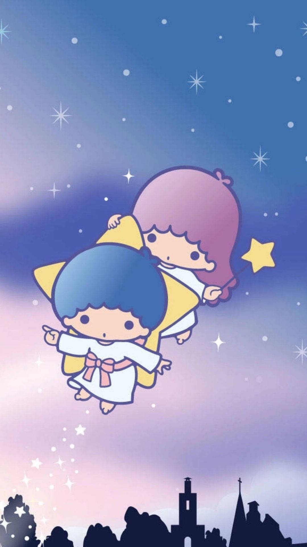 Twin 桌布 壁紙 — 兩個可愛的動漫風格星星小孩在佈滿閃爍星星的暮色天空中快樂地漂浮，下方是剪影小鎮。