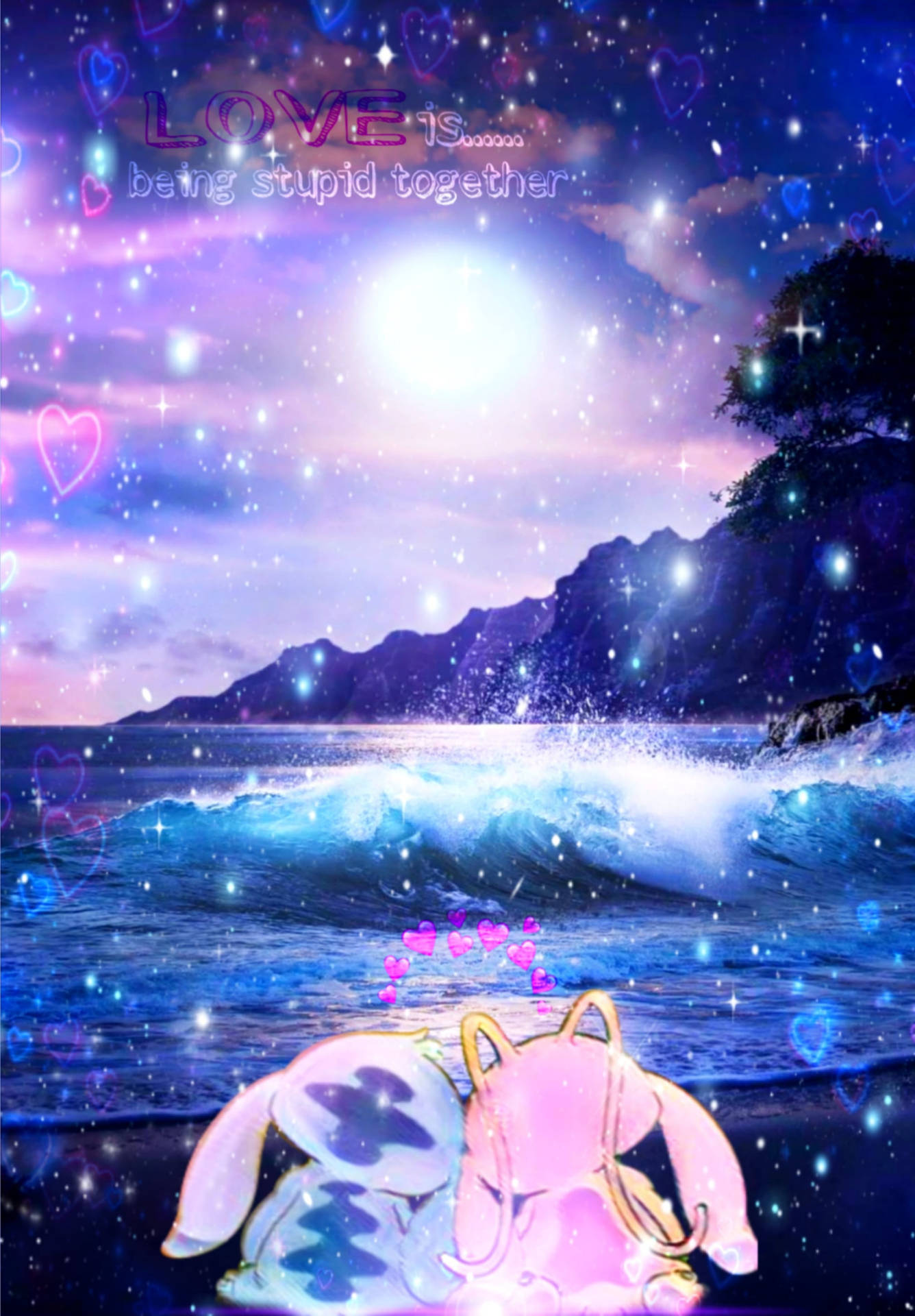 Starry Sky 桌布 壁紙 — 兩個可愛的動漫風格角色在星光燦爛的海灘上依偎，在發光的月亮下，閃爍的心形漂浮在周圍。