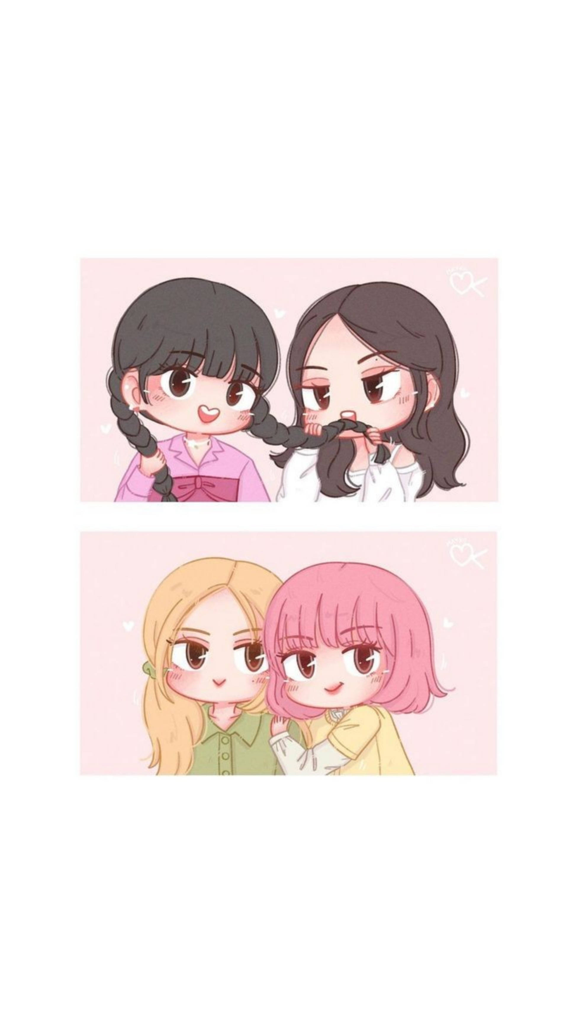 BLACKPINK 桌布 壁紙 — 兩個可愛的動漫風格辮子女孩在柔和的粉紅色背景上頑皮地拉扯對方的馬尾辮。