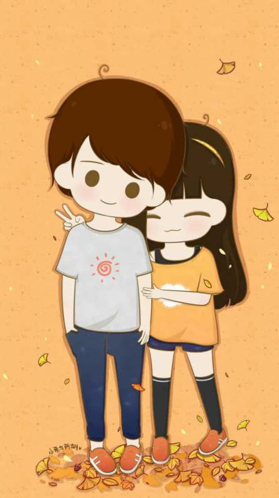 lover 桌布 壁紙 — 兩個可愛的動漫風格青少年在柔和的橙色背景上，在飄落的秋葉中溫暖地擁抱。
