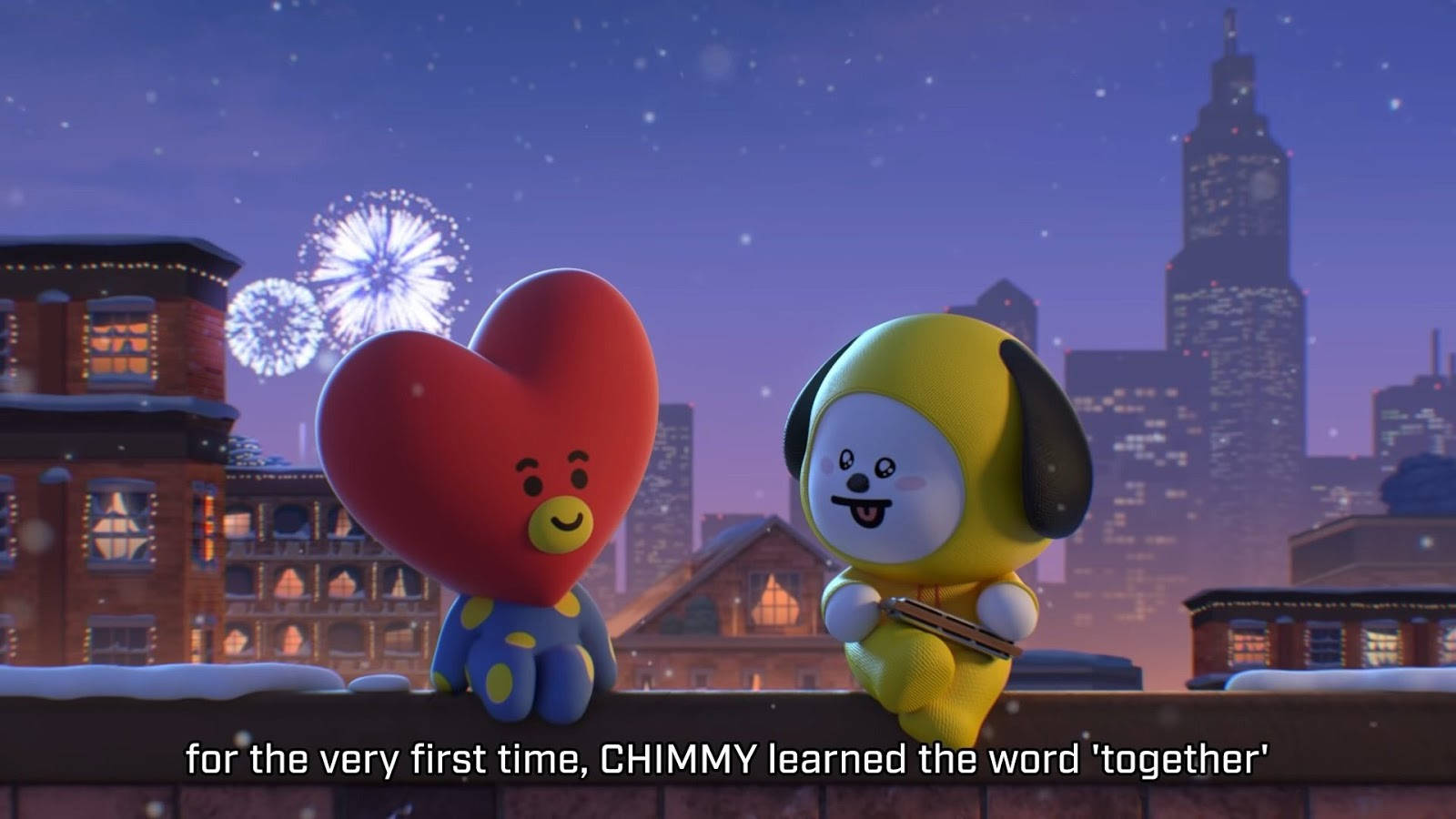 Chimmy 桌布 壁紙 — 兩個可愛的動畫角色，一個紅心和一隻黃狗，坐在積雪的屋頂上，觀看夜晚城市天際線上的煙火。