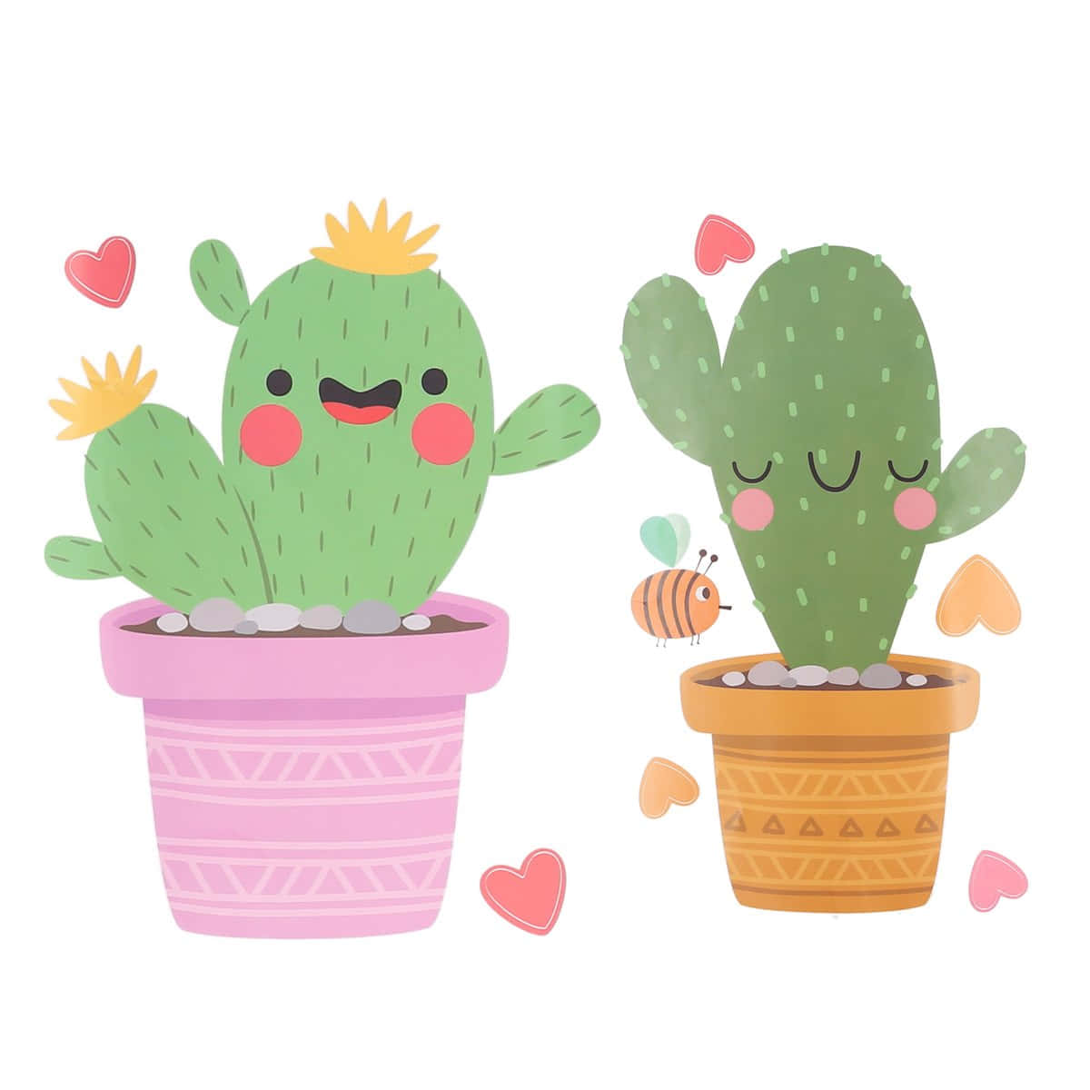 Cute Cactus 桌布 壁紙 — 兩個可愛的卡通仙人掌在有圖案的花盆中微笑揮手，旁邊有心形和蜜蜂飛舞。